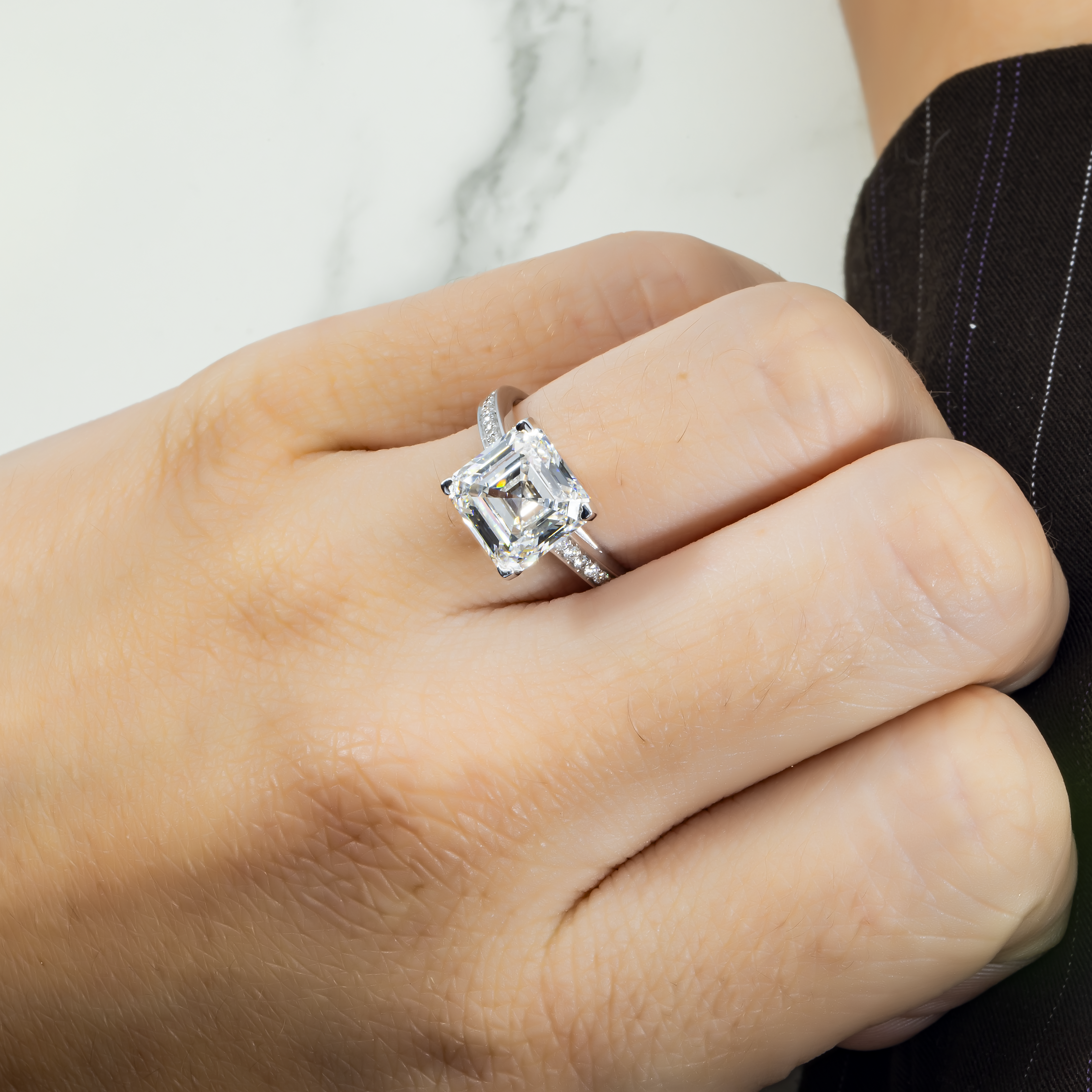 18K White Gold 4.42Ct Asscher Cut Diamond Engagement Ring 4.61Ctw Bridal