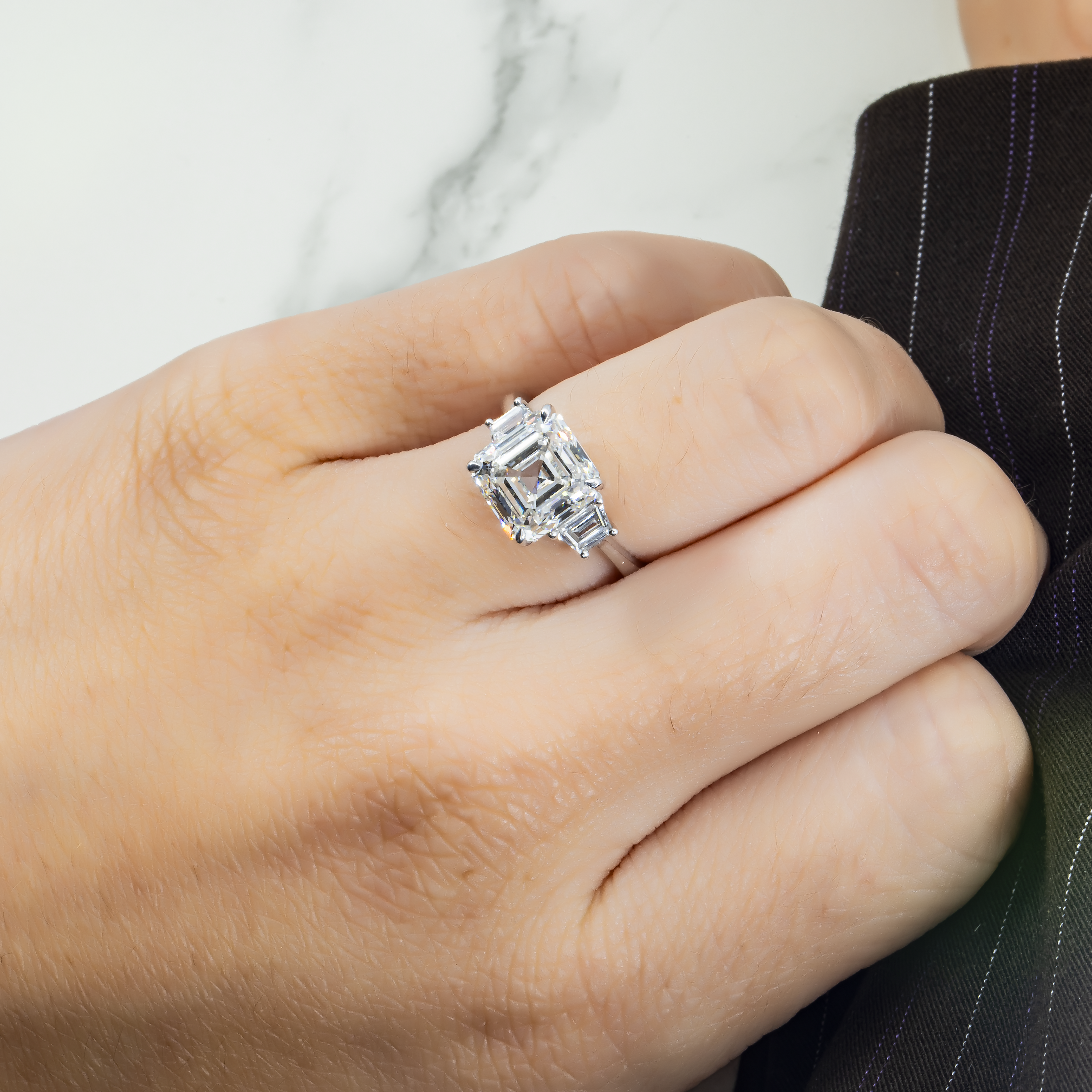 18K White Gold 4.53Ct Asscher Cut Triple Diamond Engagement Ring 4.97Ctw Bridal