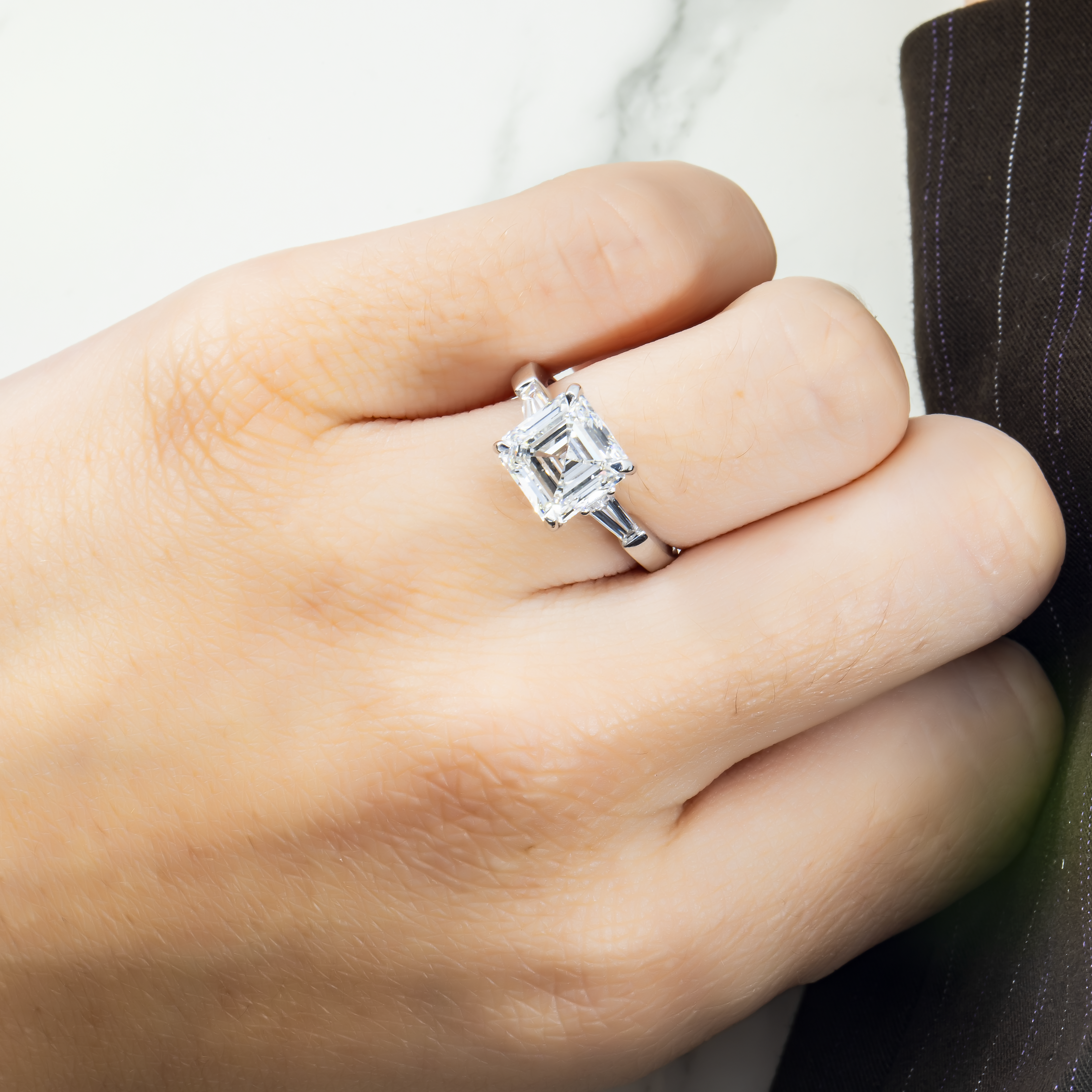 Platinum 4.09Ct Asscher Cut Triple Diamond Engagement Ring 4.55Ctw Bridal