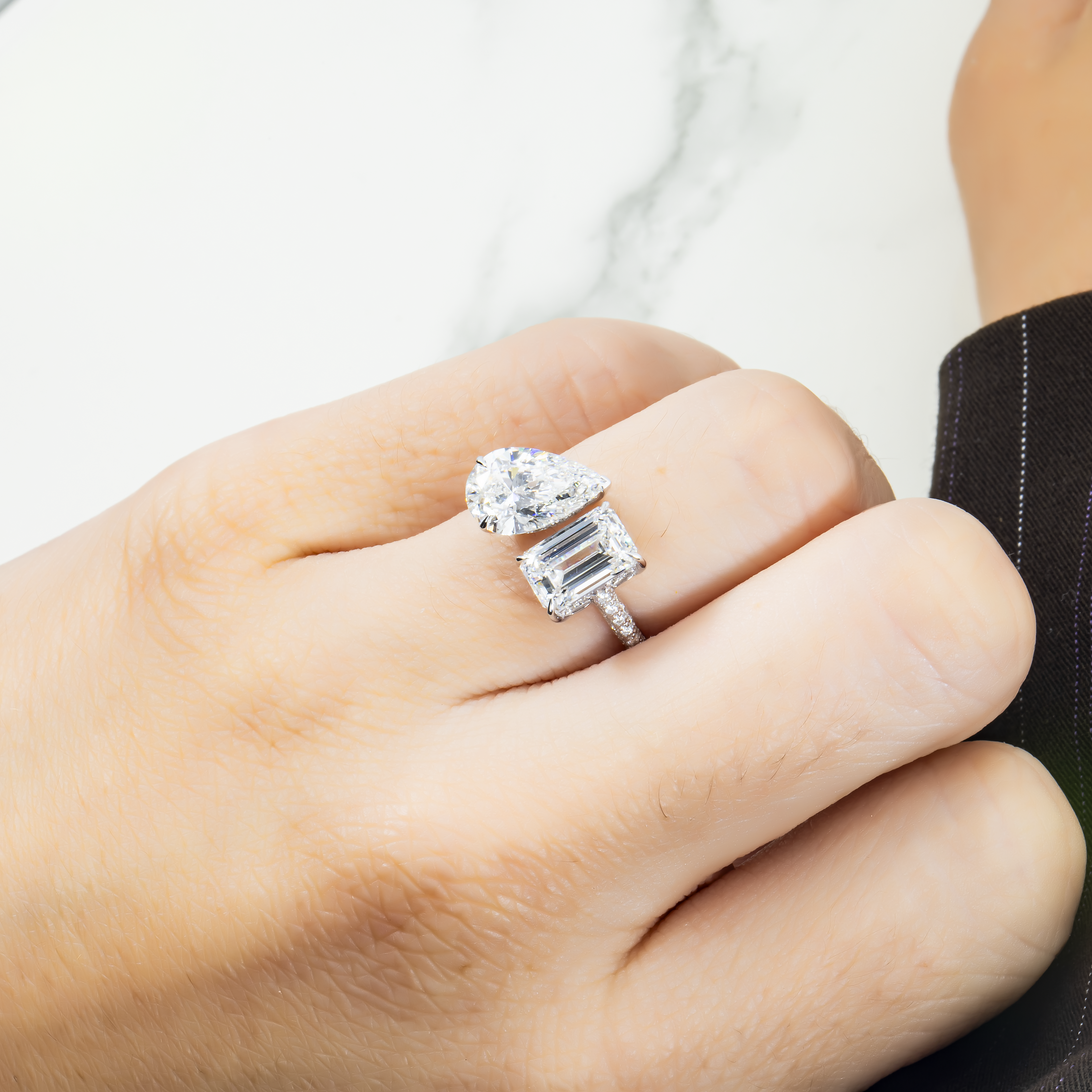 14K White Gold Pear & Emerald Cut Double Diamond Ring 4.53Ctw Bridal