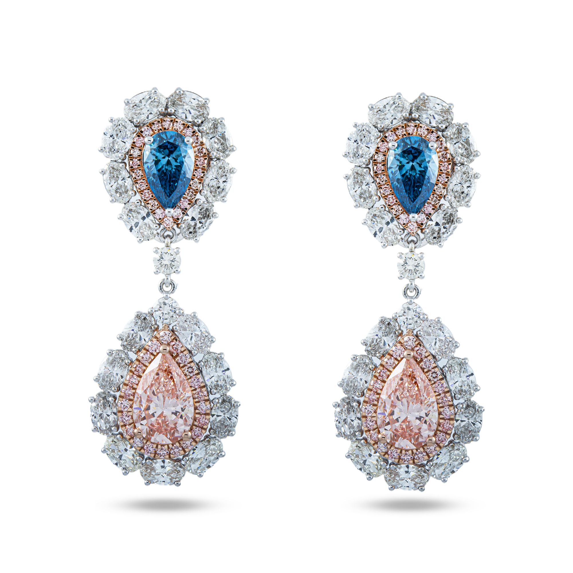 14K White Gold Multi Cut Fancy Pink & Blue Diamond Drop Earrings 14.02ctw