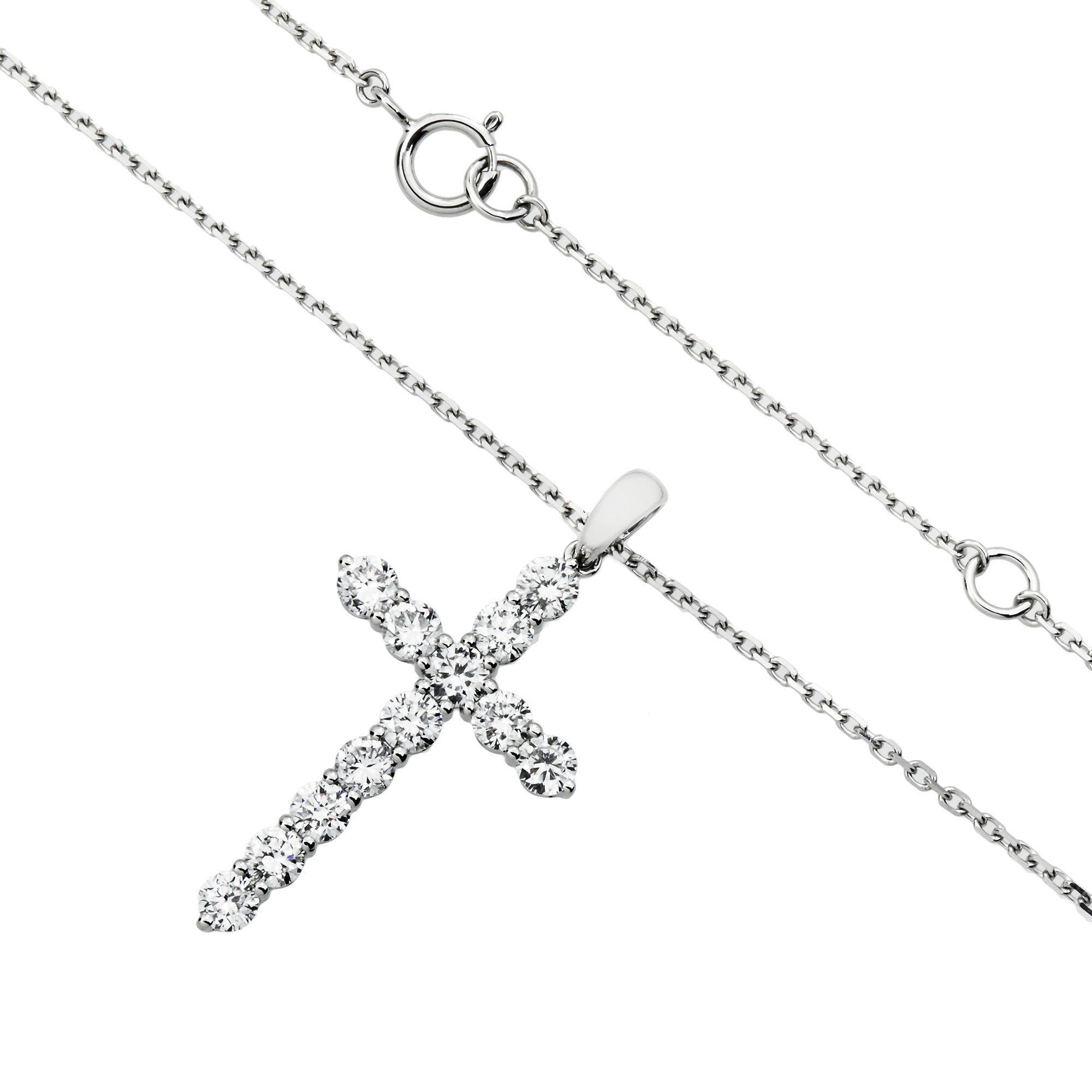 White Gold Round Diamond Cross Pendant & Chain Necklace 1.12ct