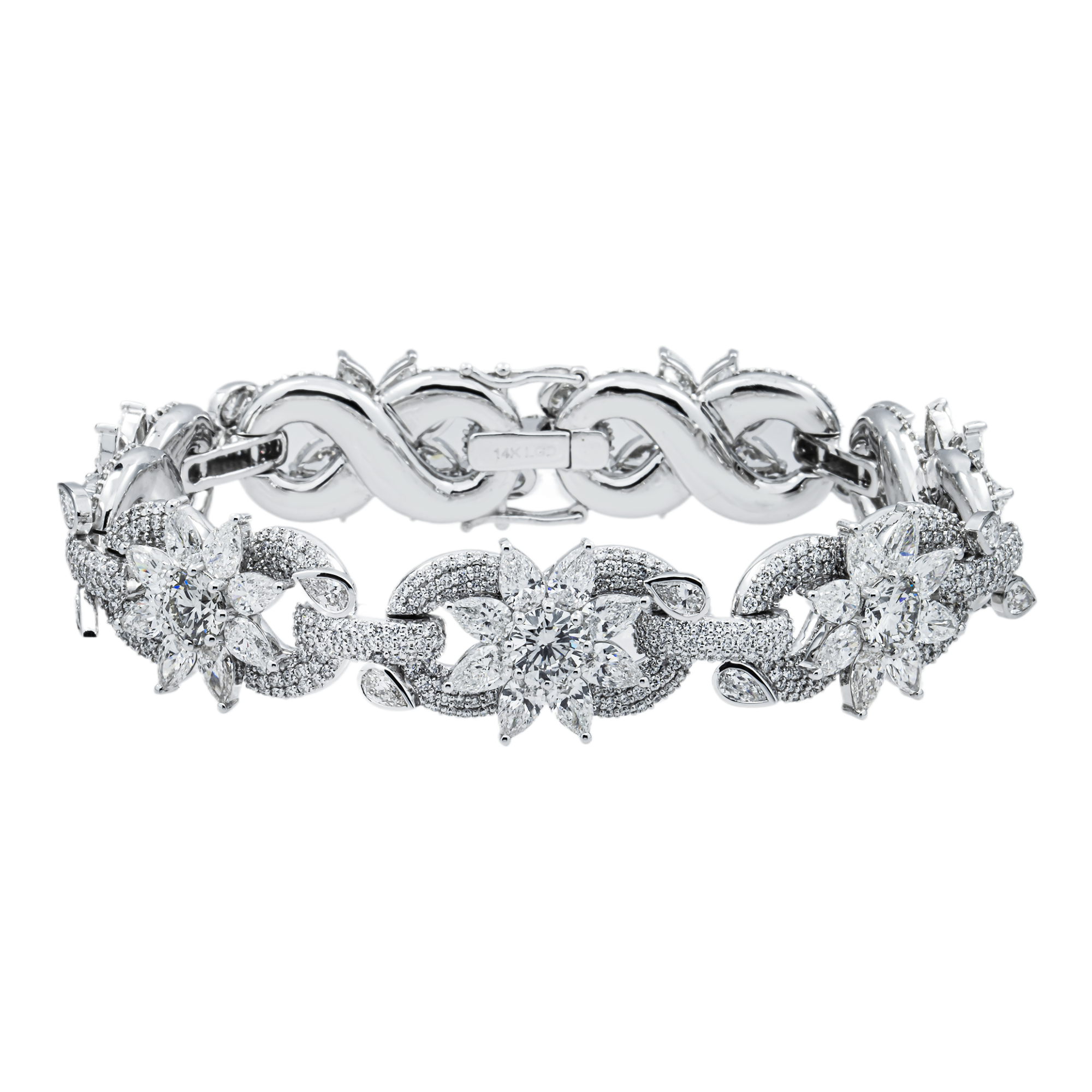 14K White Gold Round & Pear Cut Diamond Flower Bracelet 28.56ct