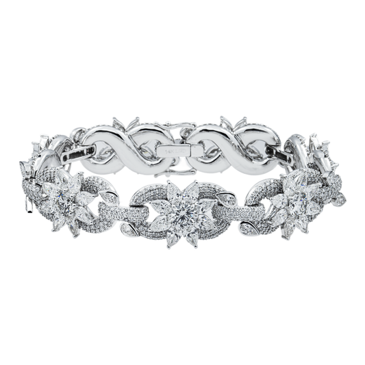 14K White Gold Round & Pear Cut Diamond Flower Bracelet 28.56ct