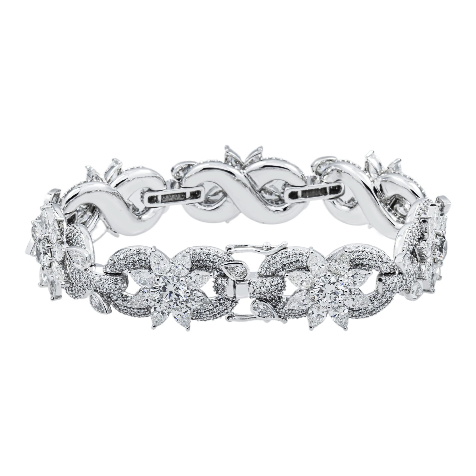 14K White Gold Round & Pear Cut Diamond Flower Bracelet 28.56ct