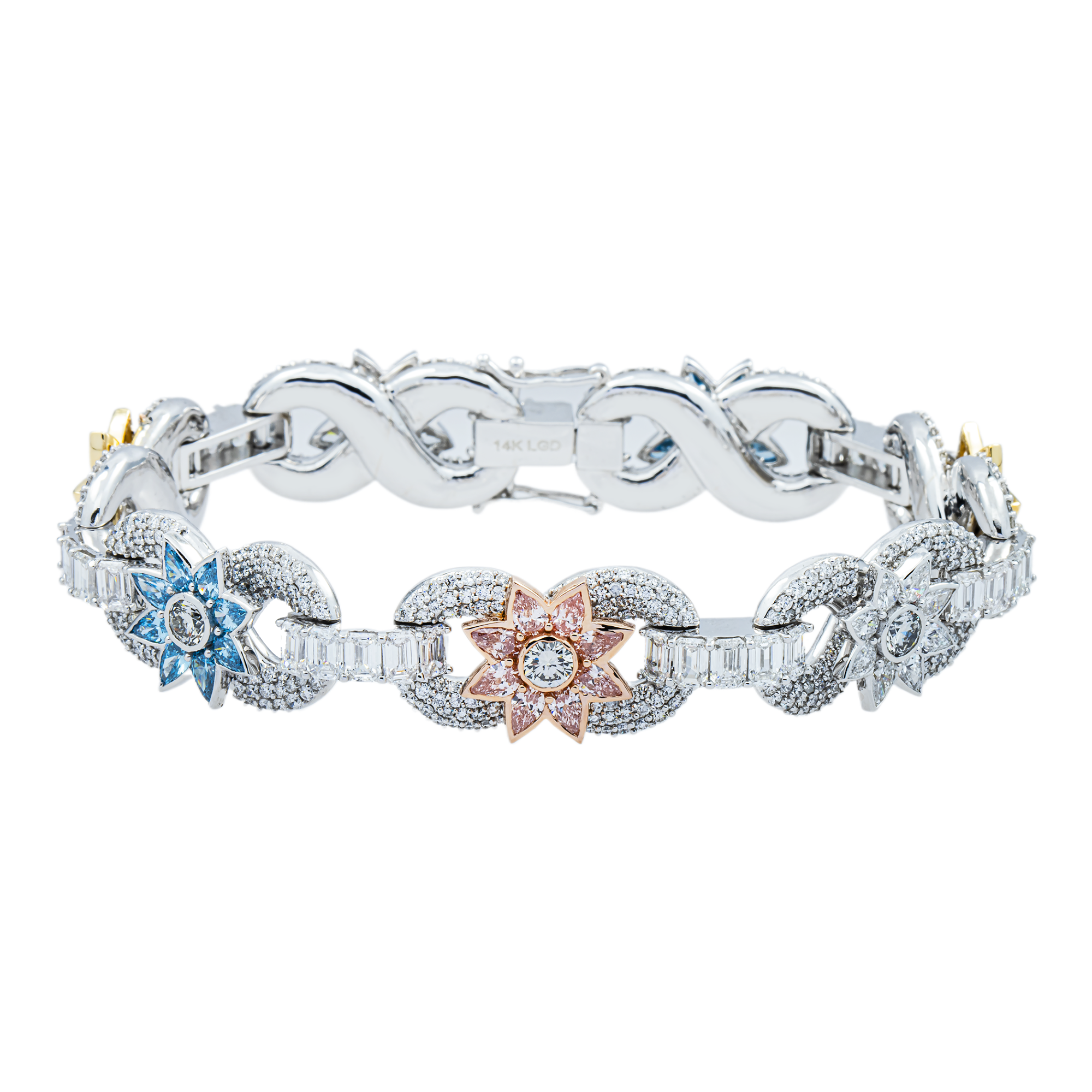14K Two Tone Fancy Color Round & Pear Cut Diamond Flower Bracelet 20.37ct