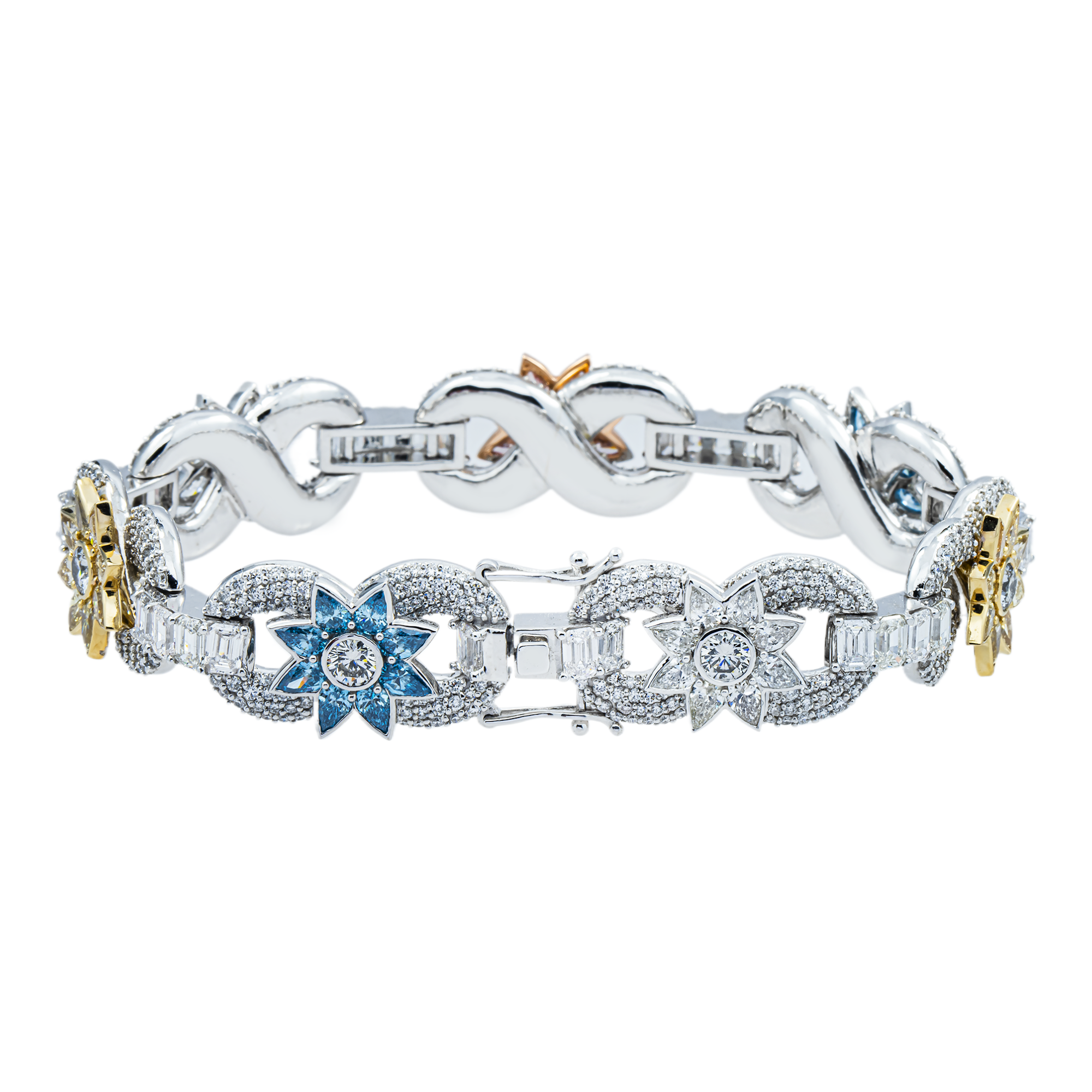 14K Two Tone Fancy Color Round & Pear Cut Diamond Flower Bracelet 20.37ct