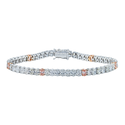 14K Two Tone Oval Cut Fancy Pink & White Diamond Tennis Bracelet 11.27ct