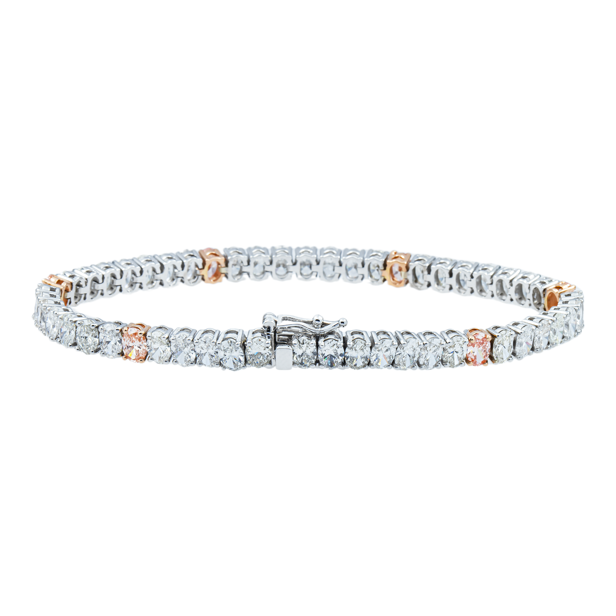 14K Two Tone Oval Cut Fancy Pink & White Diamond Tennis Bracelet 11.27ct
