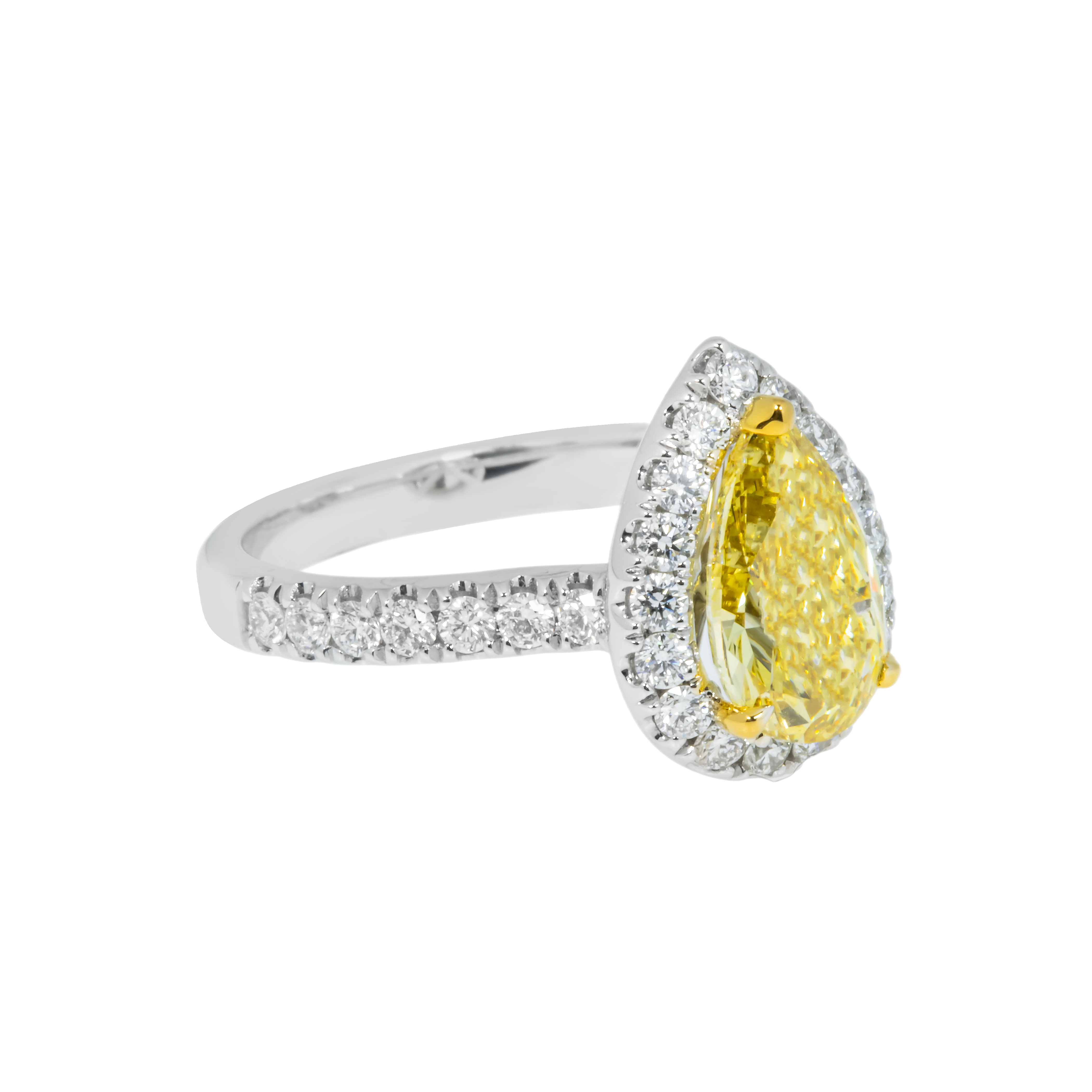 18K White Gold 2.08Ct Pear Cut Fancy Vivid Yellow Diamond Ring 2.83Ctw Bridal