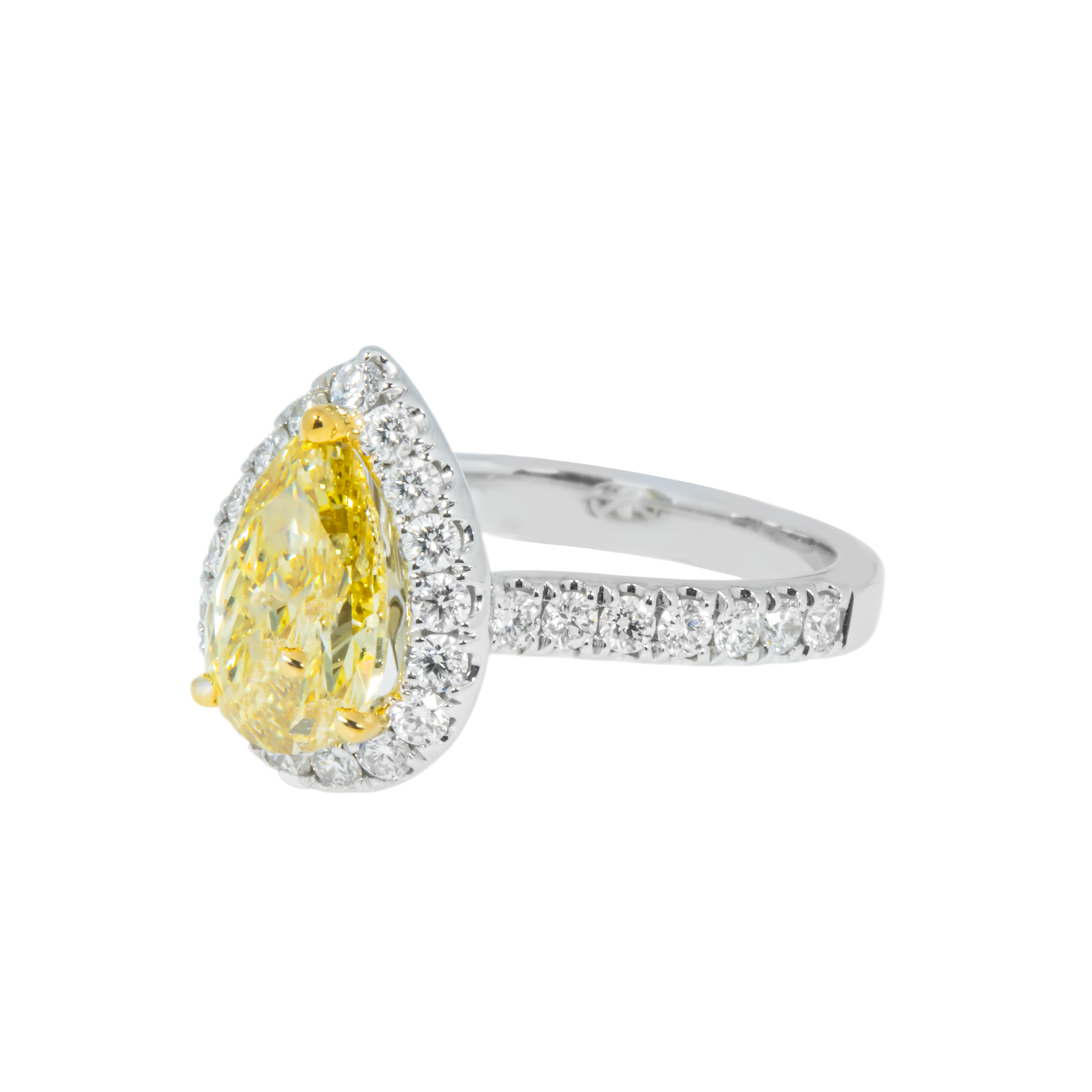18K White Gold 2.08Ct Pear Cut Fancy Vivid Yellow Diamond Ring 2.83Ctw Bridal
