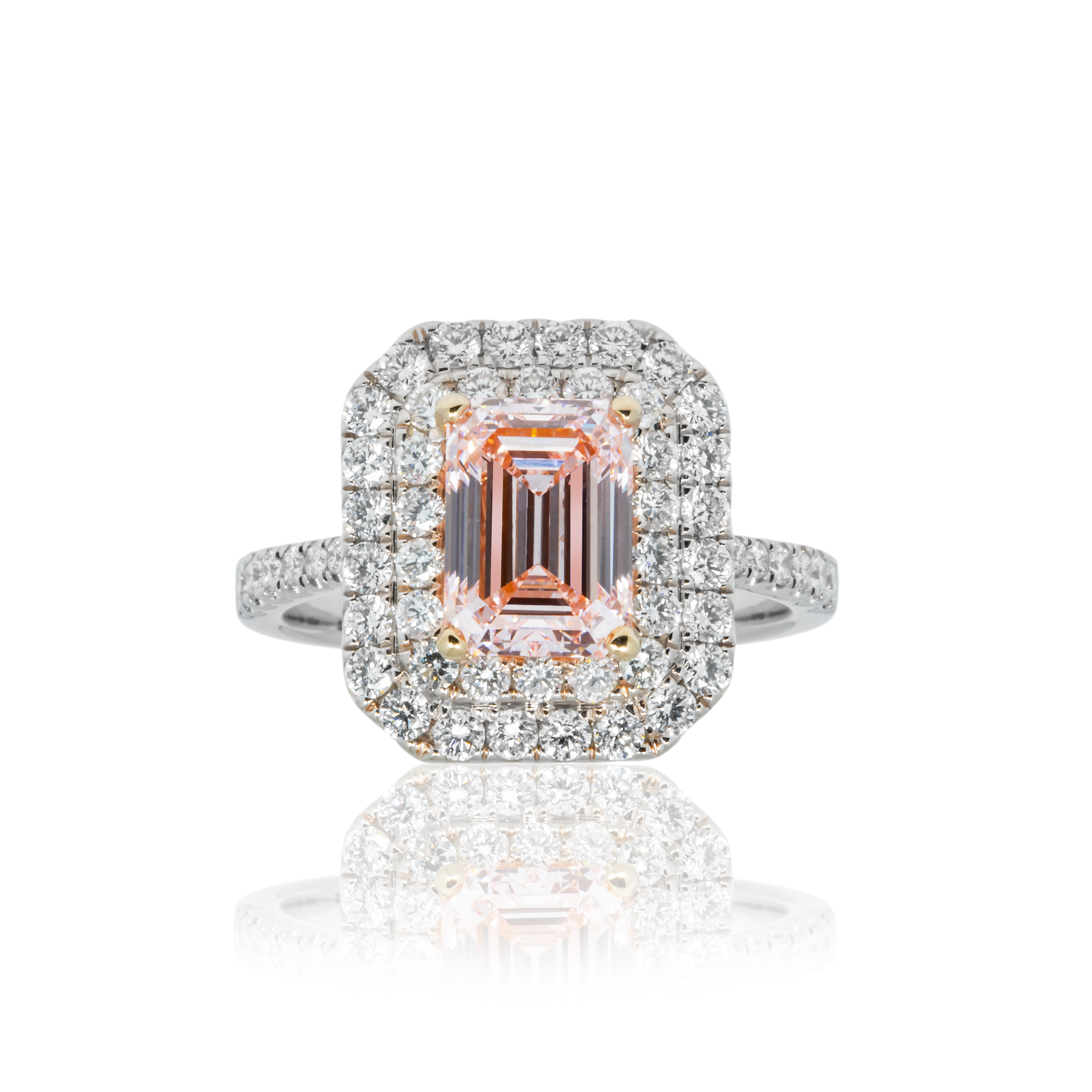18K White Gold 2.08 Emerald Cut Fancy Intense Pink Diamond Ring 3.08Ctw Bridal