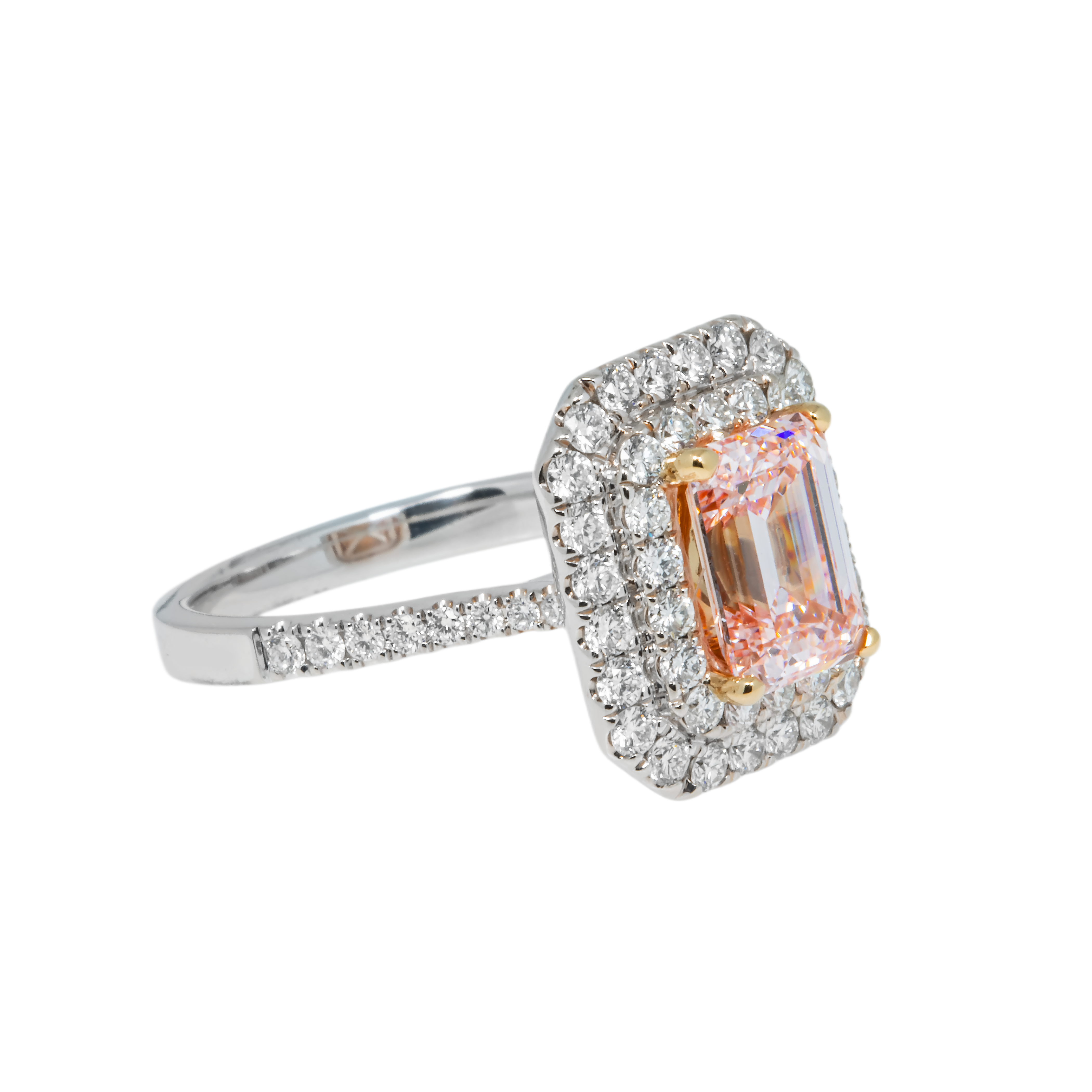18K White Gold 2.08 Emerald Cut Fancy Intense Pink Diamond Ring 3.08Ctw Bridal