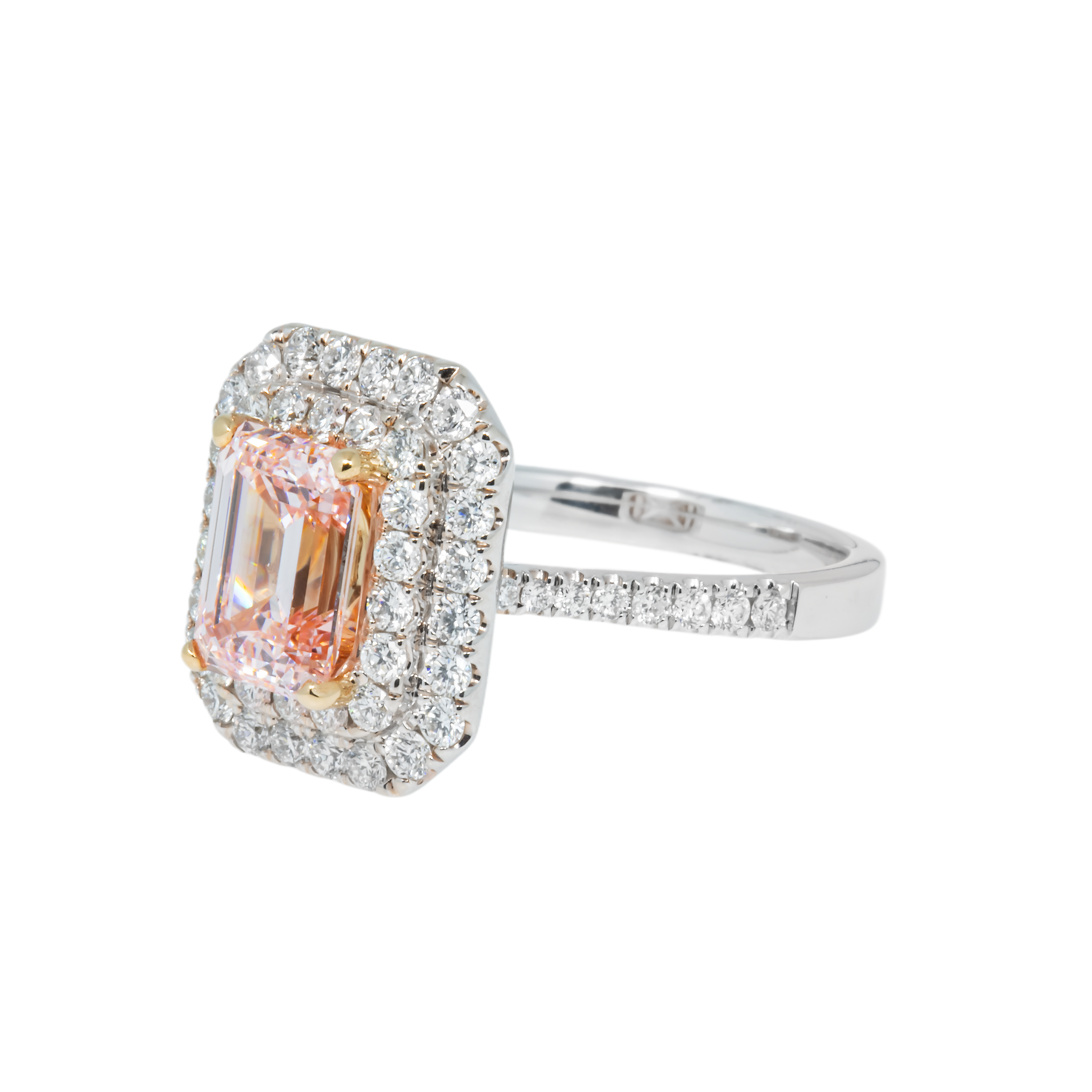 18K White Gold 2.08 Emerald Cut Fancy Intense Pink Diamond Ring 3.08Ctw Bridal