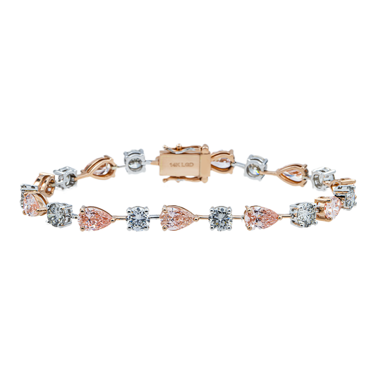 14K Two Tone Pear Cut Fancy Pink & White Diamond Satellite Bracelet 12.37ct