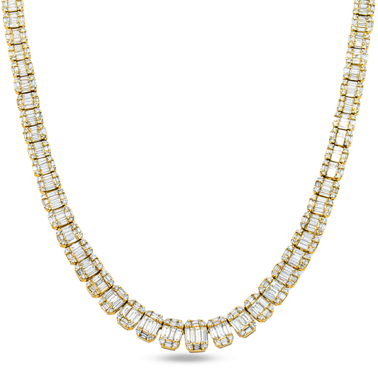 14K Yellow Gold Graduated Round & Baguette Cut Diamond Tennis Chain 22.65ct