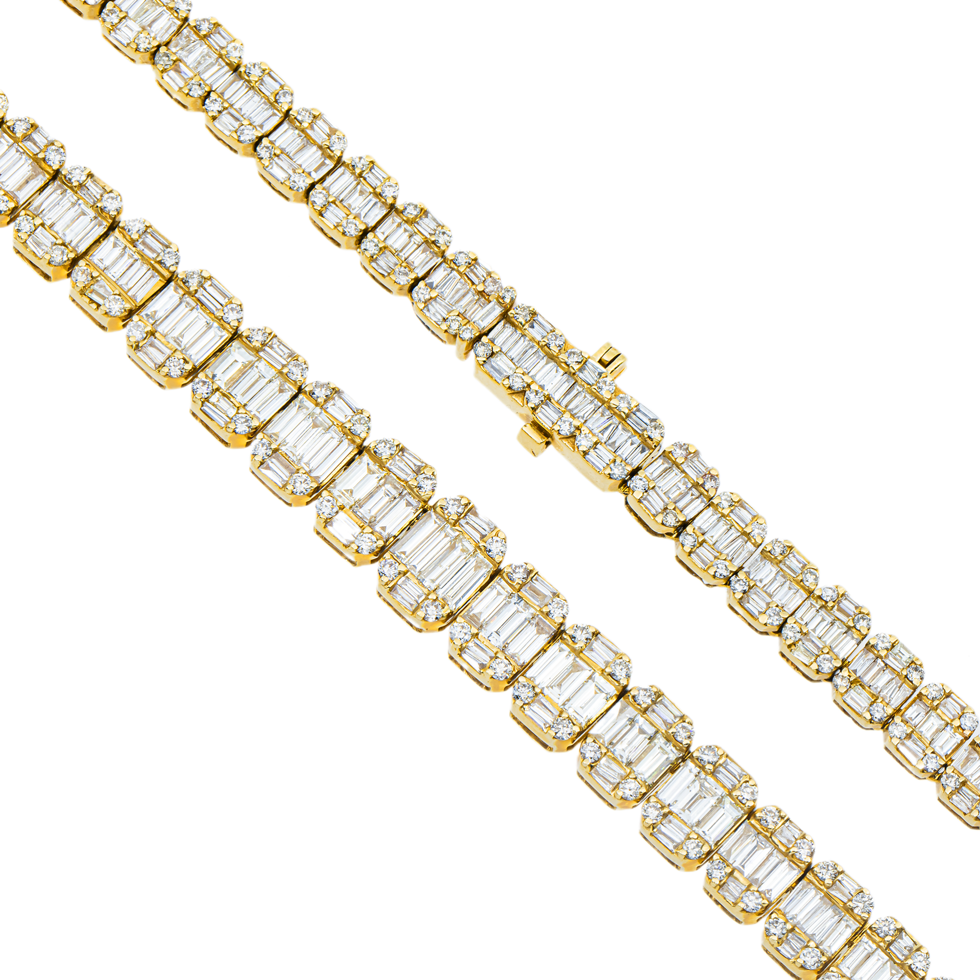 14K Yellow Gold Graduated Round & Baguette Cut Diamond Tennis Chain 22.65ct