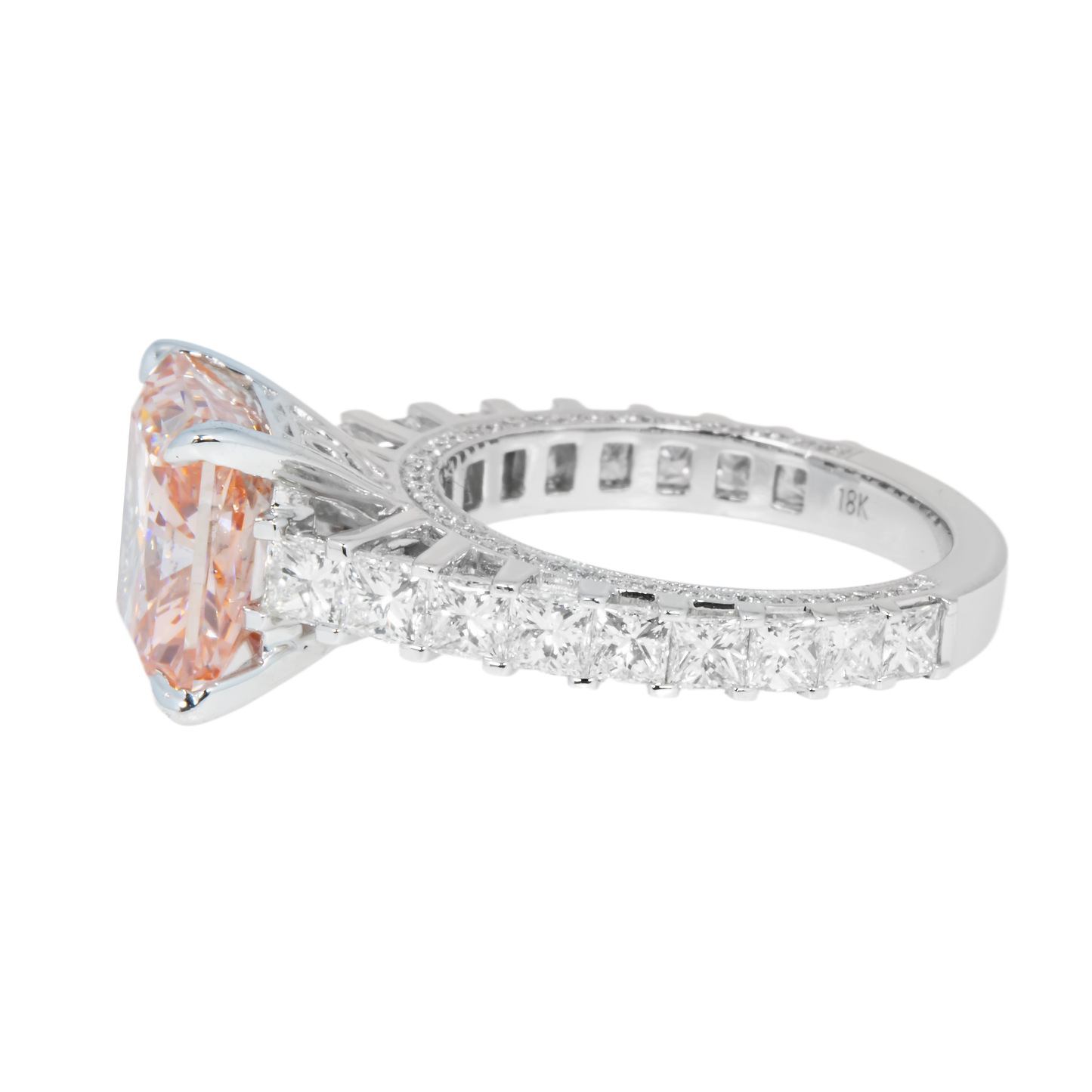 18K White Gold 5.06ct Princess Cut Fancy Vivid Pink Diamond Ring 7.36ctw