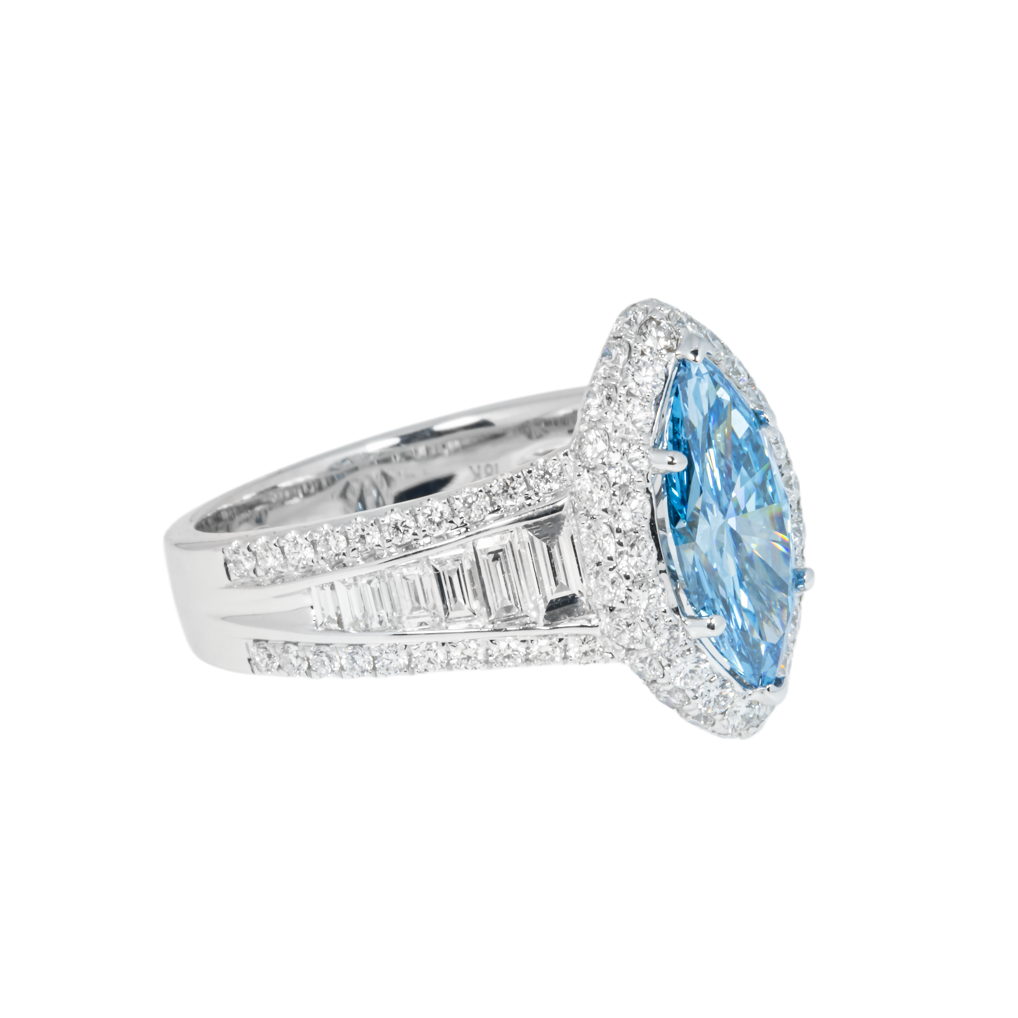 18K White Gold 1.5Ctw Marquise Cut Fancy Vivid Blue Diamond Ring 3.20Ctw Bridal
