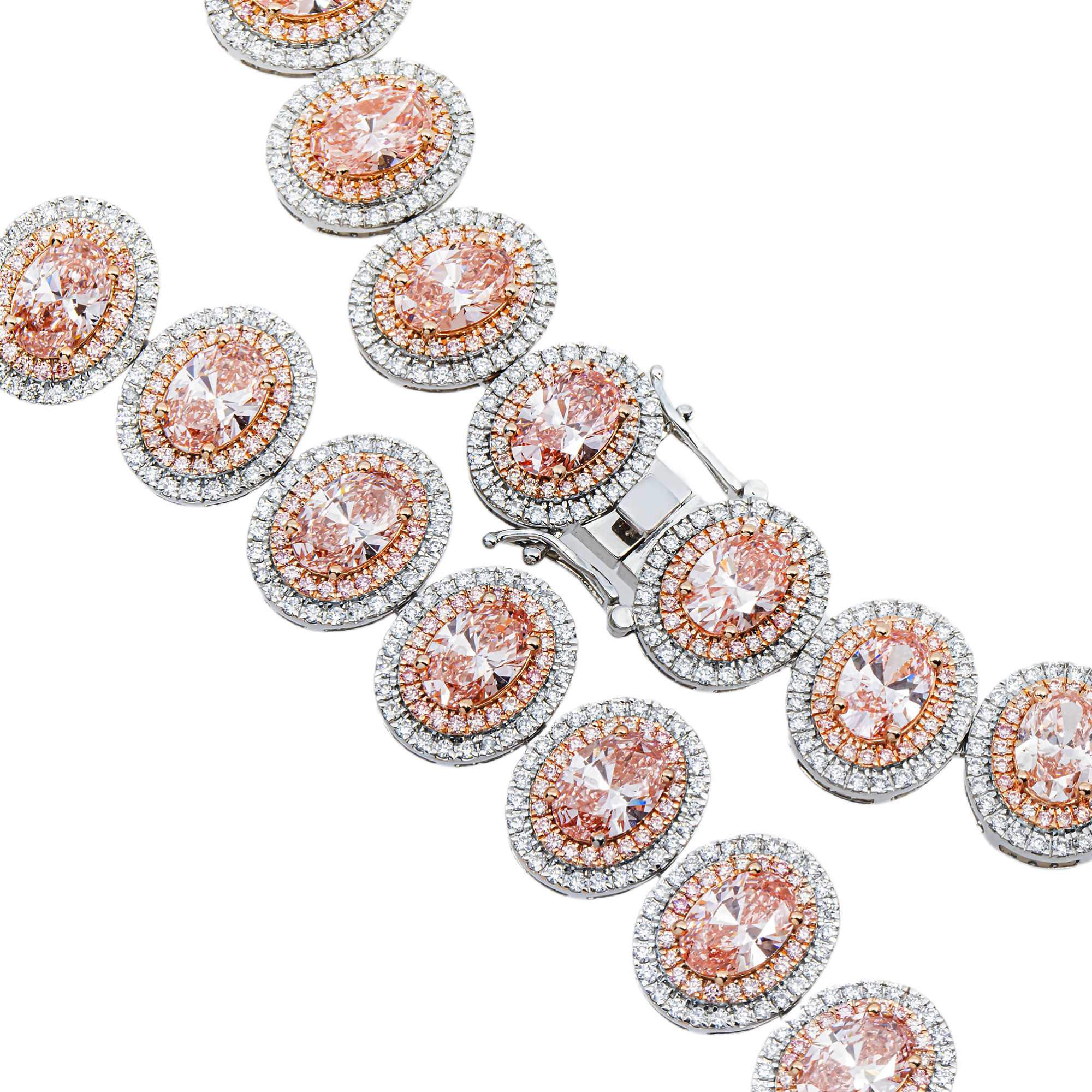 14K White Gold Oval Cut Fancy Pink Diamond Necklace W/ Halo 52.03ct