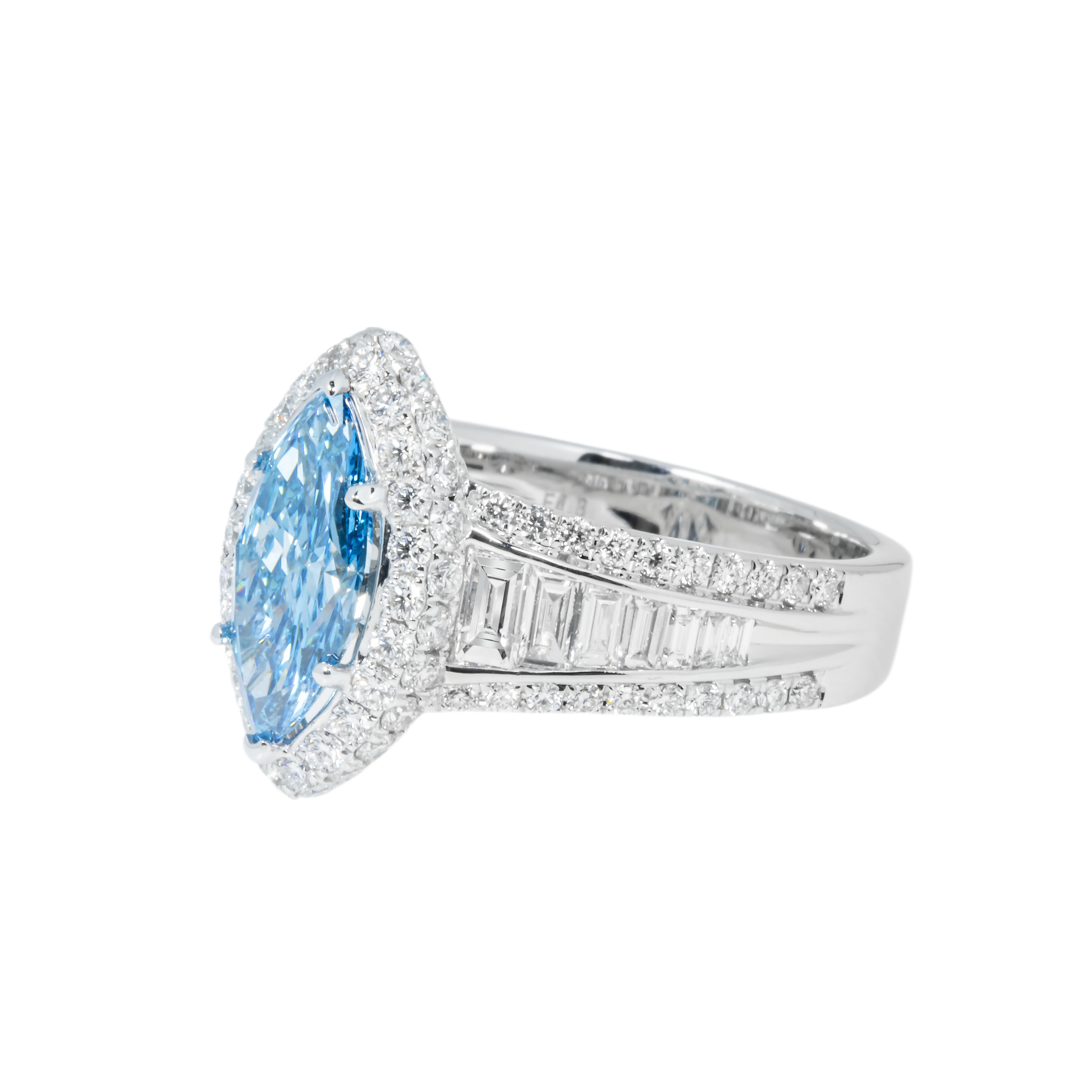 18K White Gold 1.5Ctw Marquise Cut Fancy Vivid Blue Diamond Ring 3.20Ctw Bridal