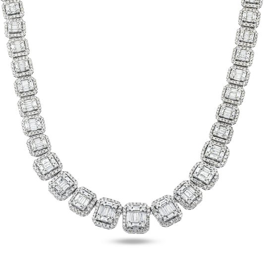 14K White Gold Graduated Round & Baguette Cut Diamond Tennis Chain 25.10ct