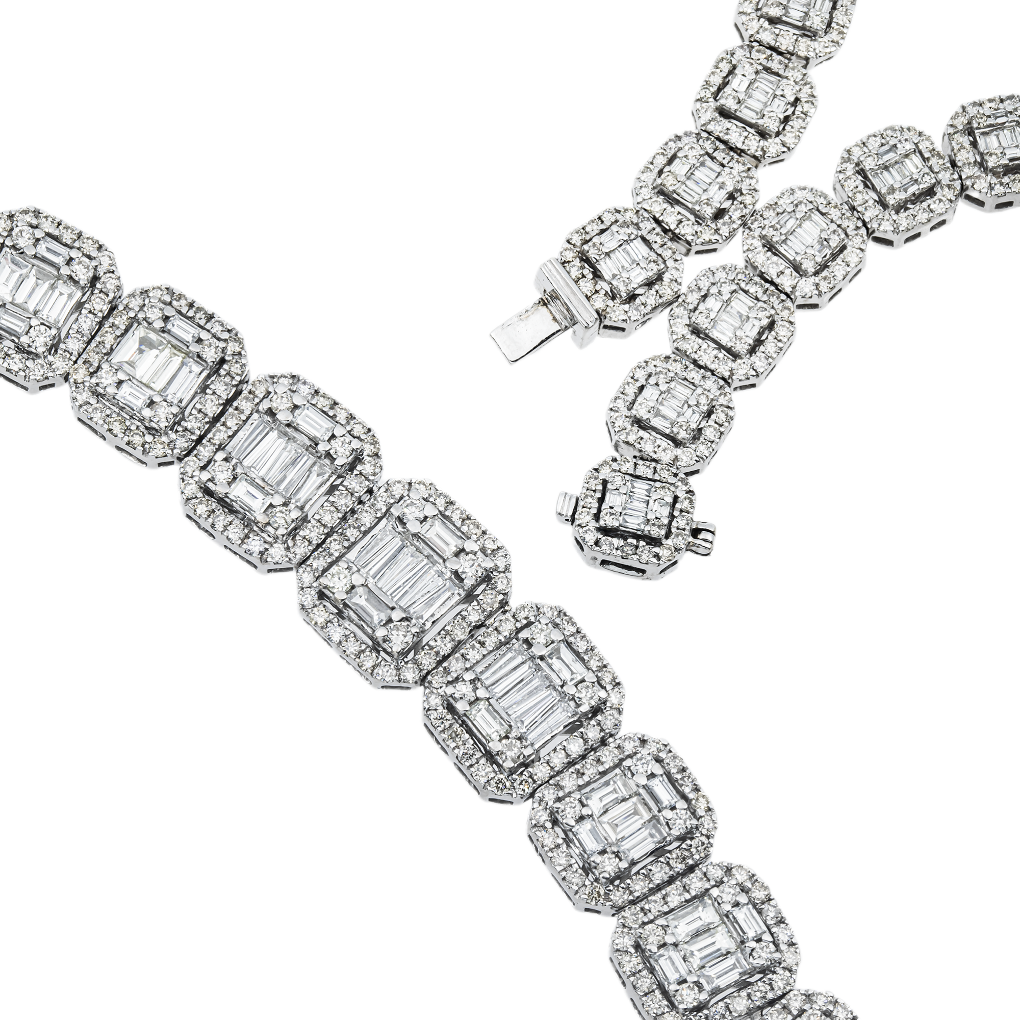 14K White Gold Graduated Round & Baguette Cut Diamond Tennis Chain 25.10ct