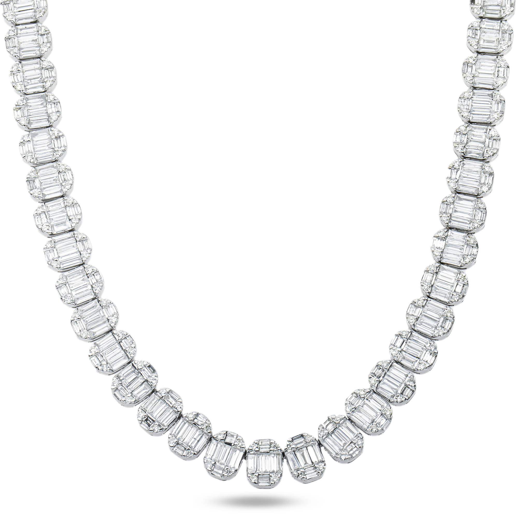 14K White Gold Round & Baguette Cut Diamond Tennis Chain 25.48ct