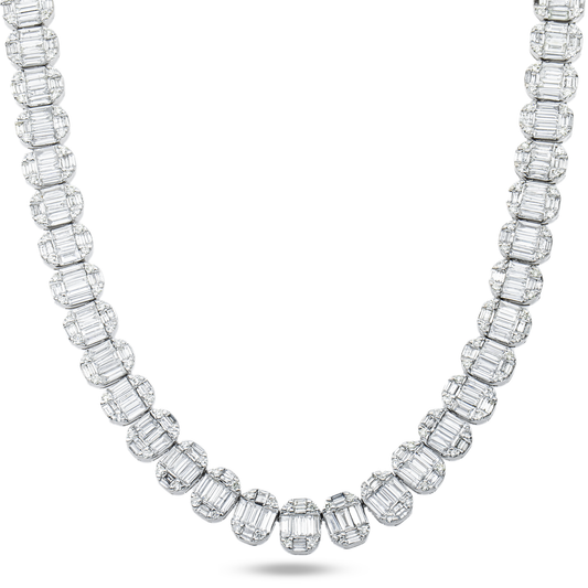 14K White Gold Round & Baguette Cut Diamond Tennis Chain 25.48ct