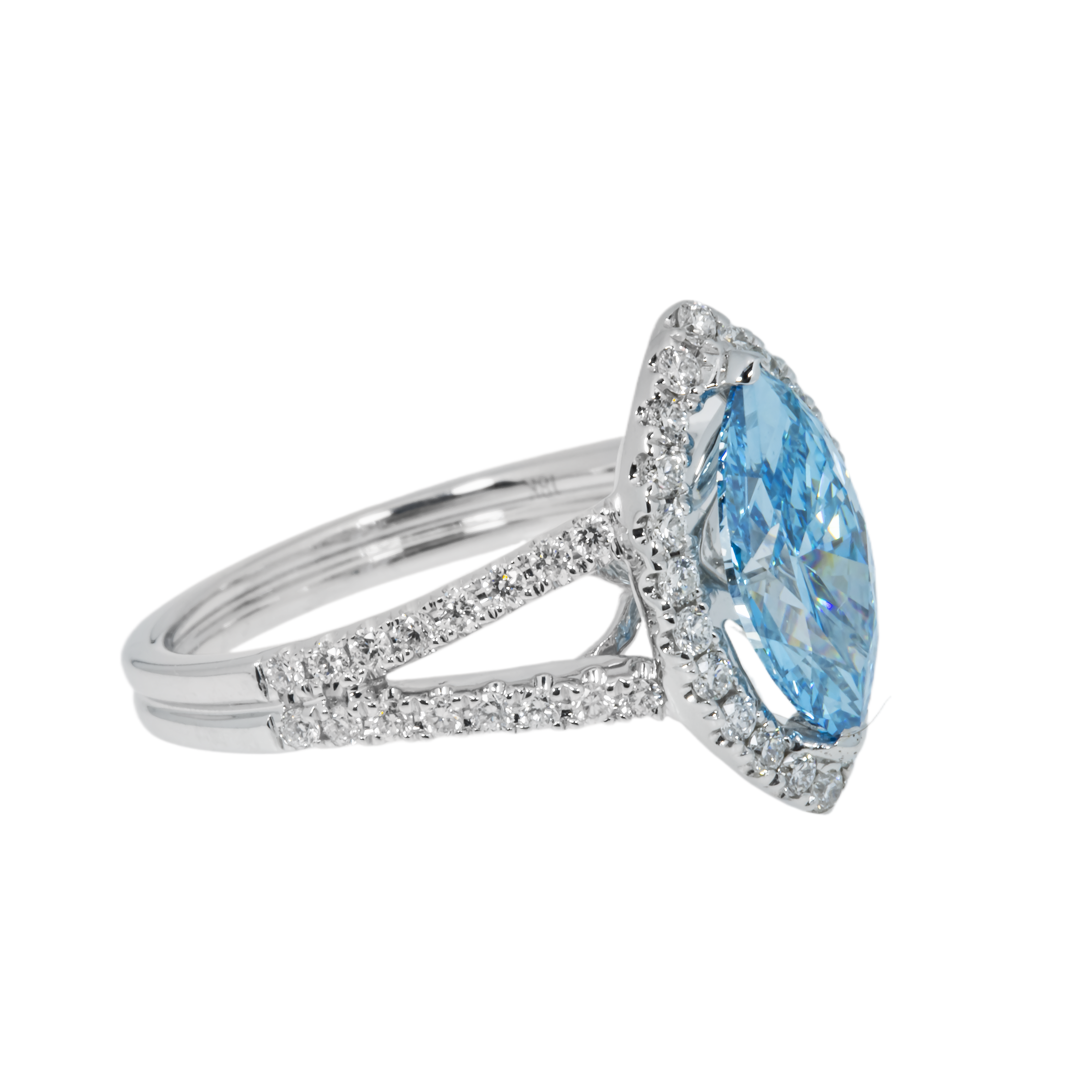 18K White Gold 1.46Ct Marquise Cut Fancy Vivid Blue Diamond Ring 1.99Ctw Bridal