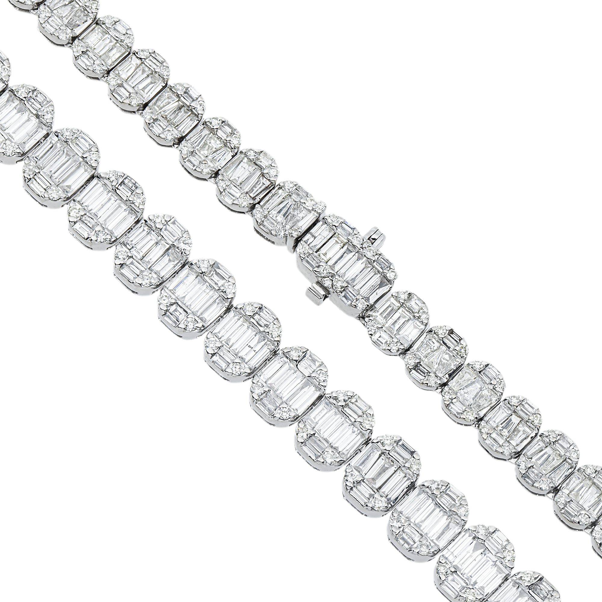 14K White Gold Round & Baguette Cut Diamond Tennis Chain 25.48ct