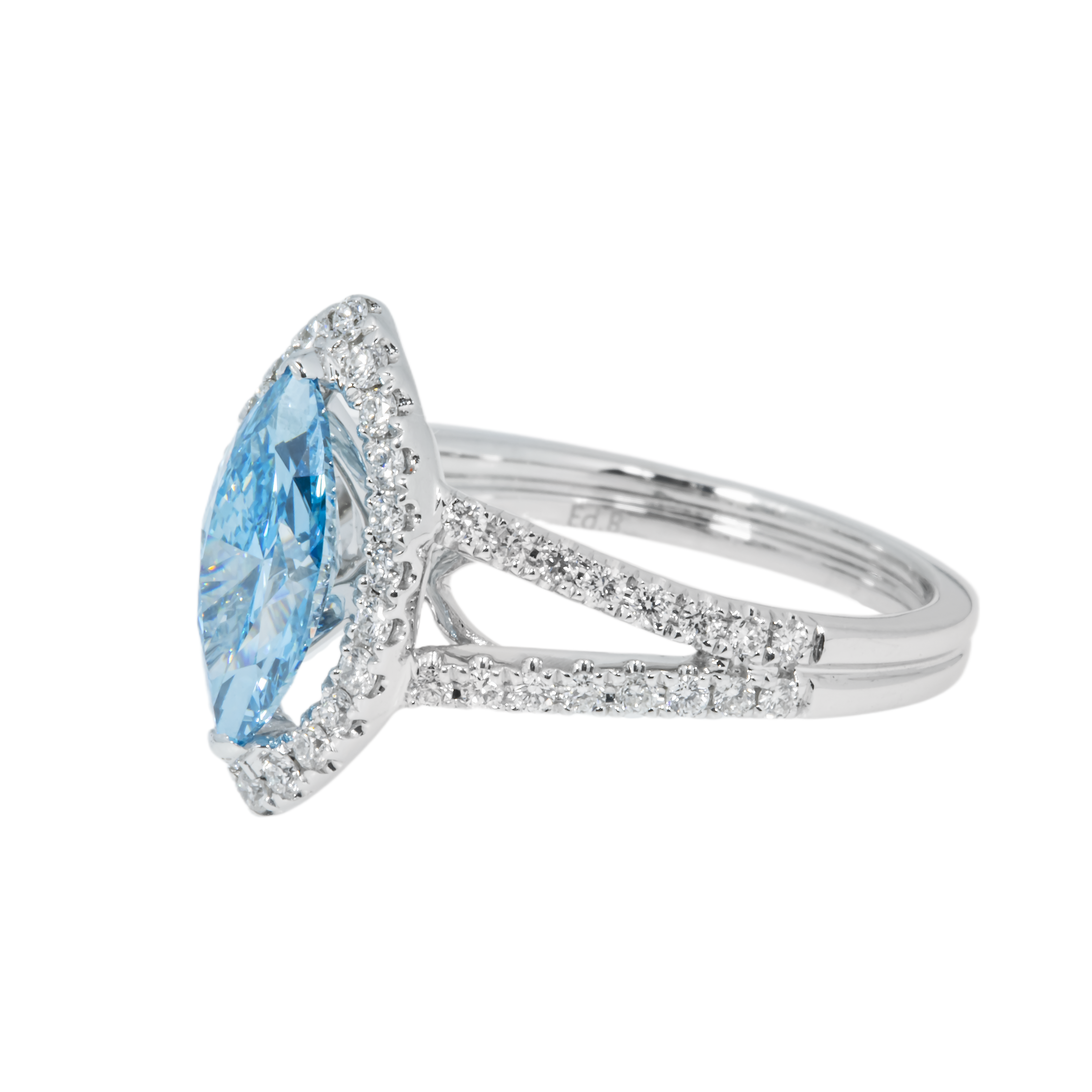 18K White Gold 1.46Ct Marquise Cut Fancy Vivid Blue Diamond Ring 1.99Ctw Bridal