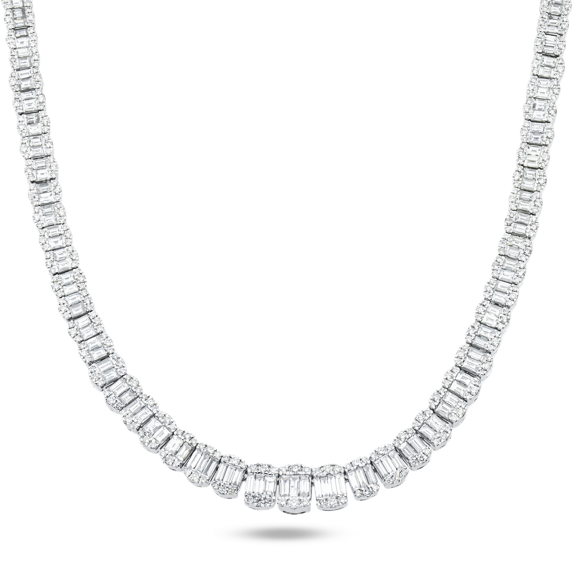 14K White Gold Graduated Round & Baguette Cut Diamond Tennis Chain 23.70ct