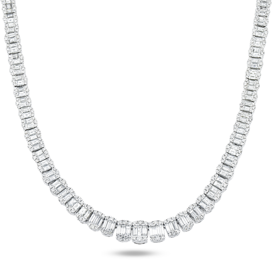 14K White Gold Graduated Round & Baguette Cut Diamond Tennis Chain 23.70ct