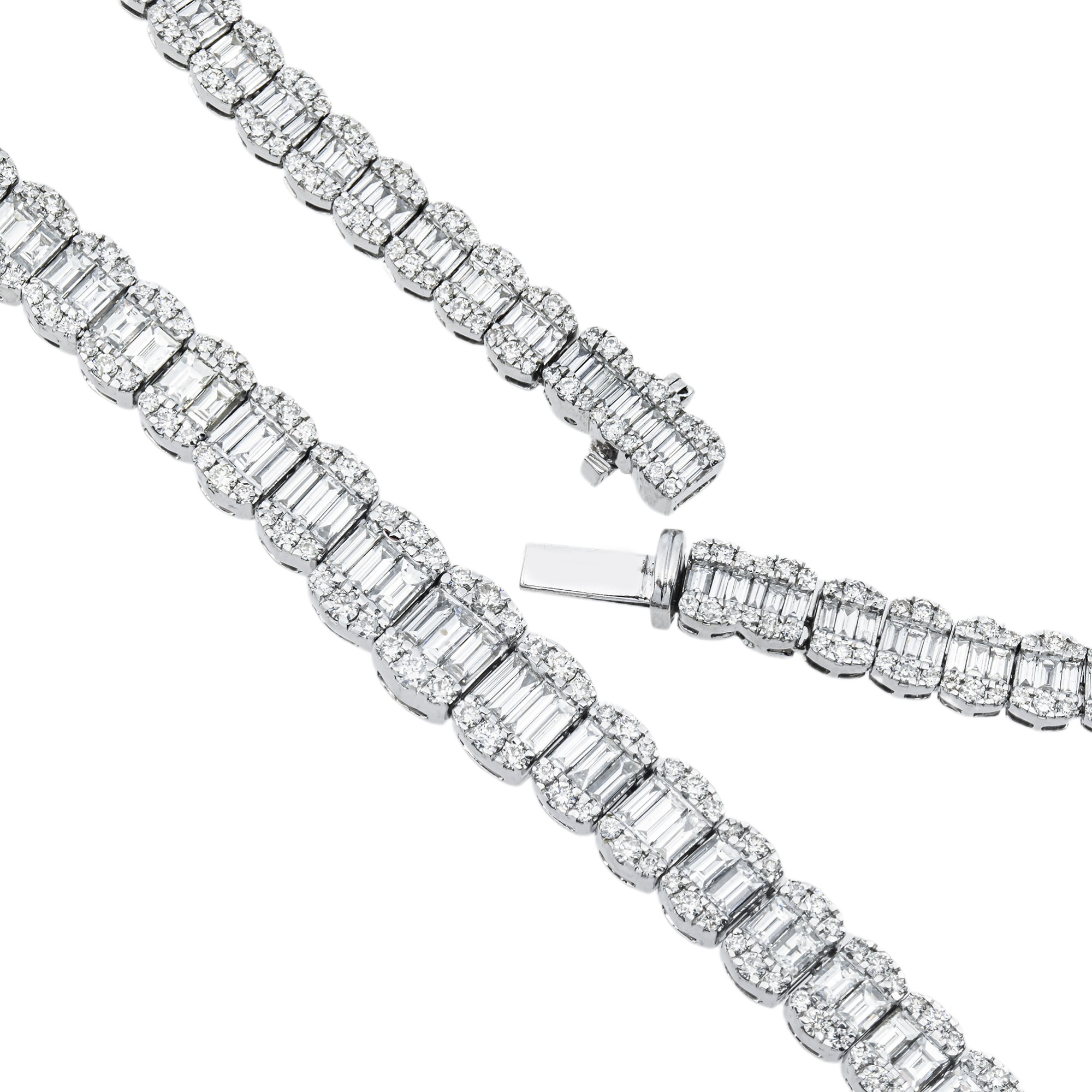 14K White Gold Graduated Round & Baguette Cut Diamond Tennis Chain 23.70ct