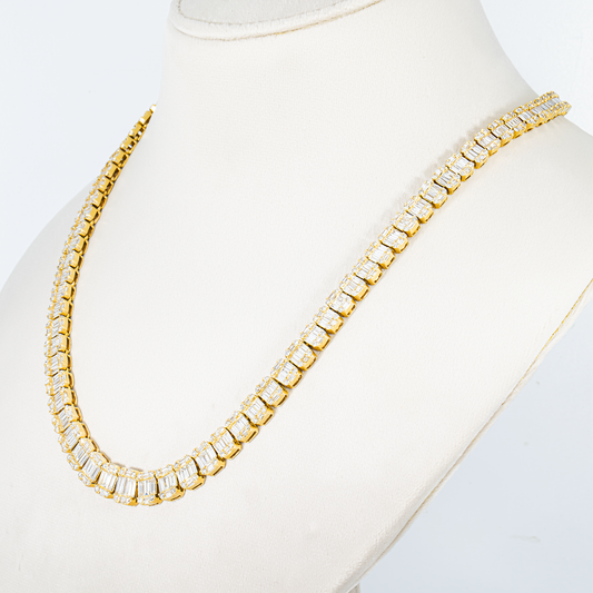 14K Yellow Gold Graduated Round & Baguette Cut Diamond Tennis Chain 22.65ct