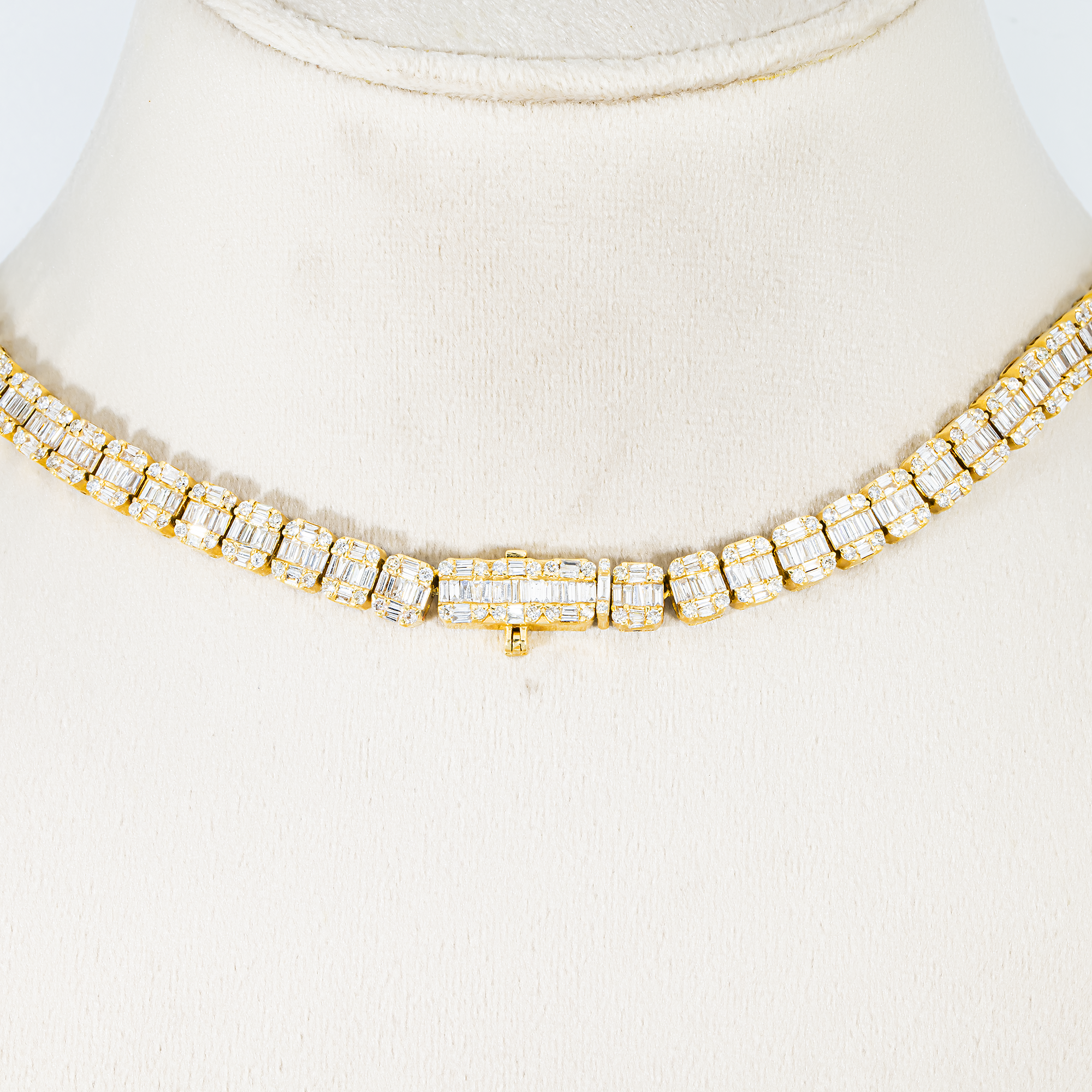 14K Yellow Gold Graduated Round & Baguette Cut Diamond Tennis Chain 22.65ct