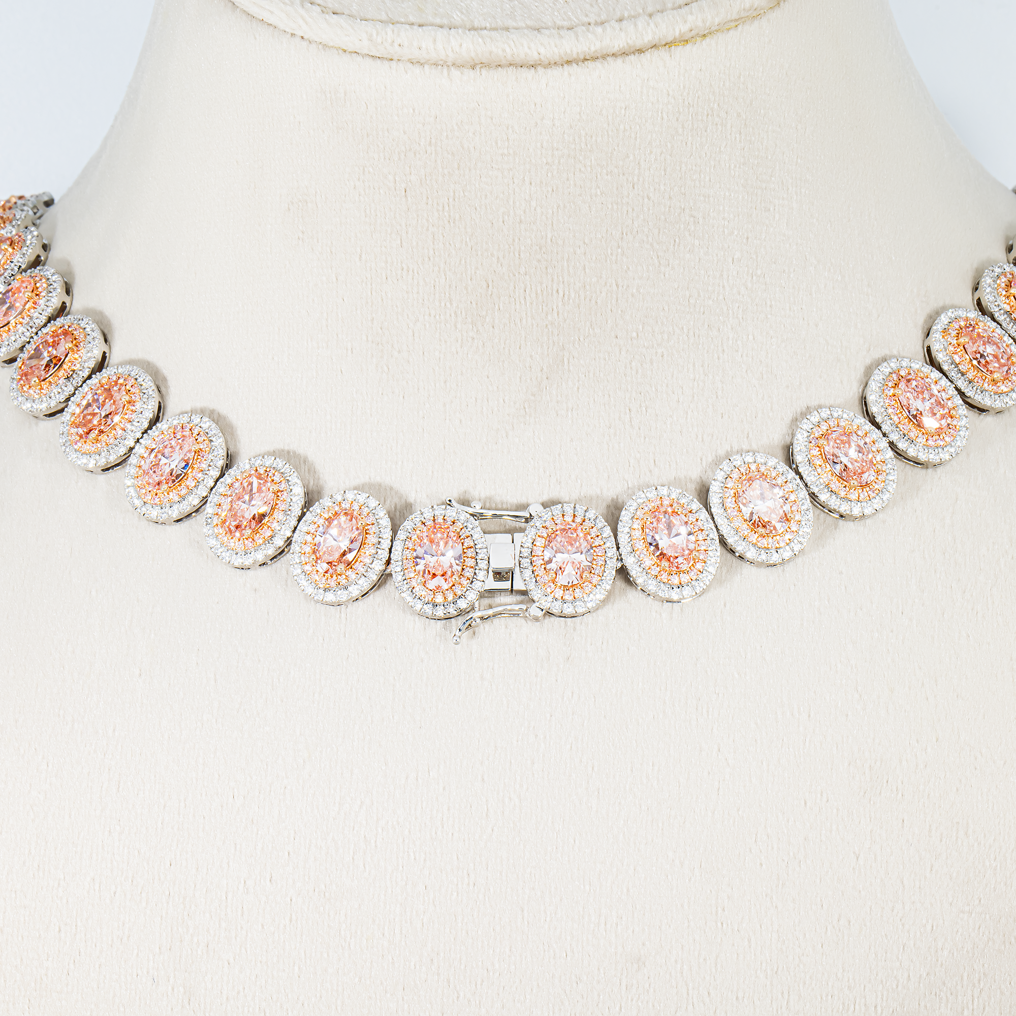 14K White Gold Oval Cut Fancy Pink Diamond Necklace W/ Halo 52.03ct