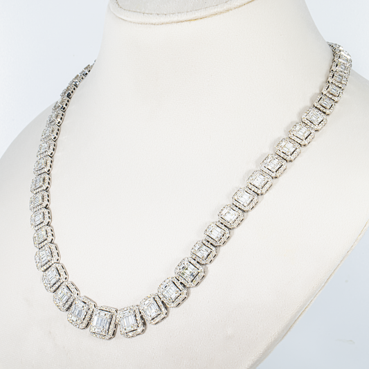 14K White Gold Graduated Round & Baguette Cut Diamond Tennis Chain 25.10ct
