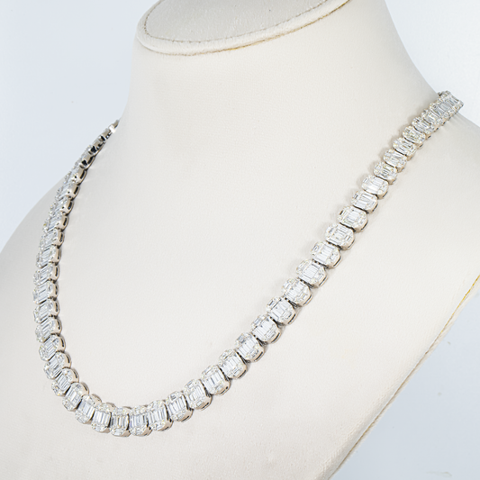 14K White Gold Round & Baguette Cut Diamond Tennis Chain 25.48ct