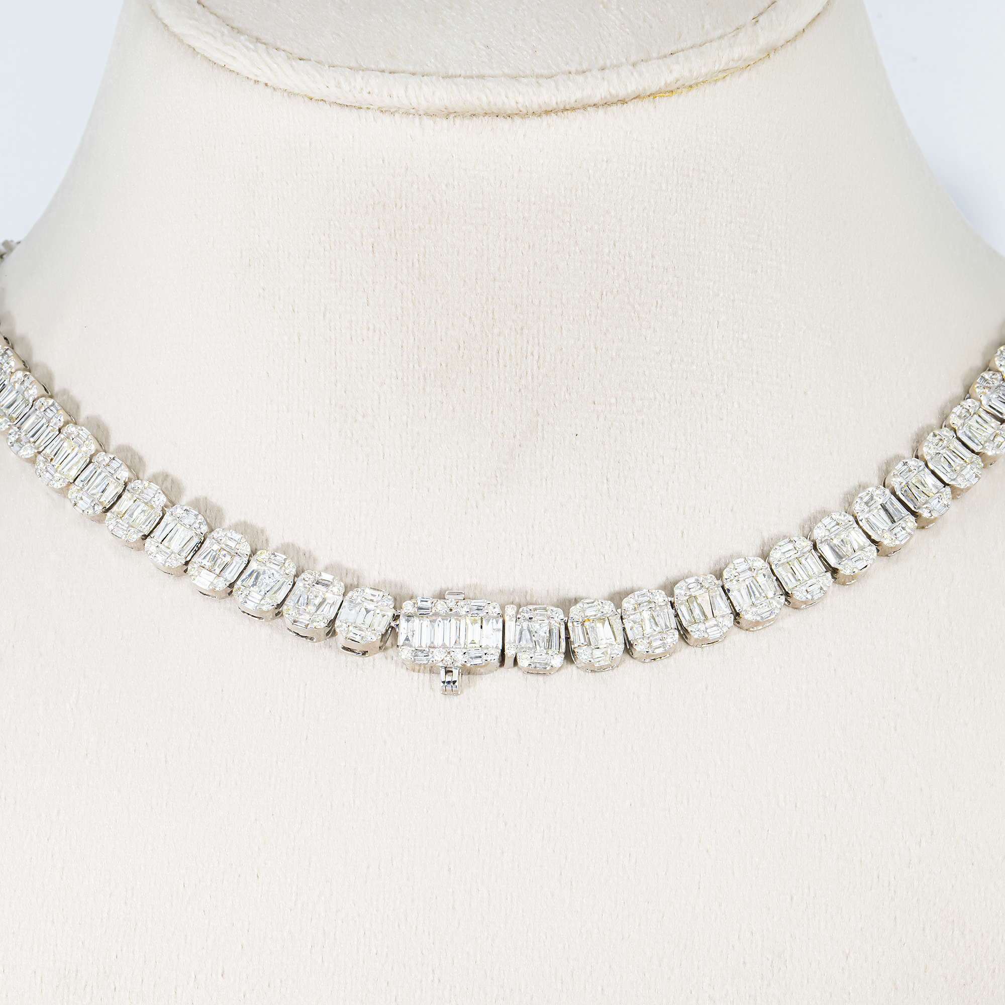 14K White Gold Round & Baguette Cut Diamond Tennis Chain 25.48ct