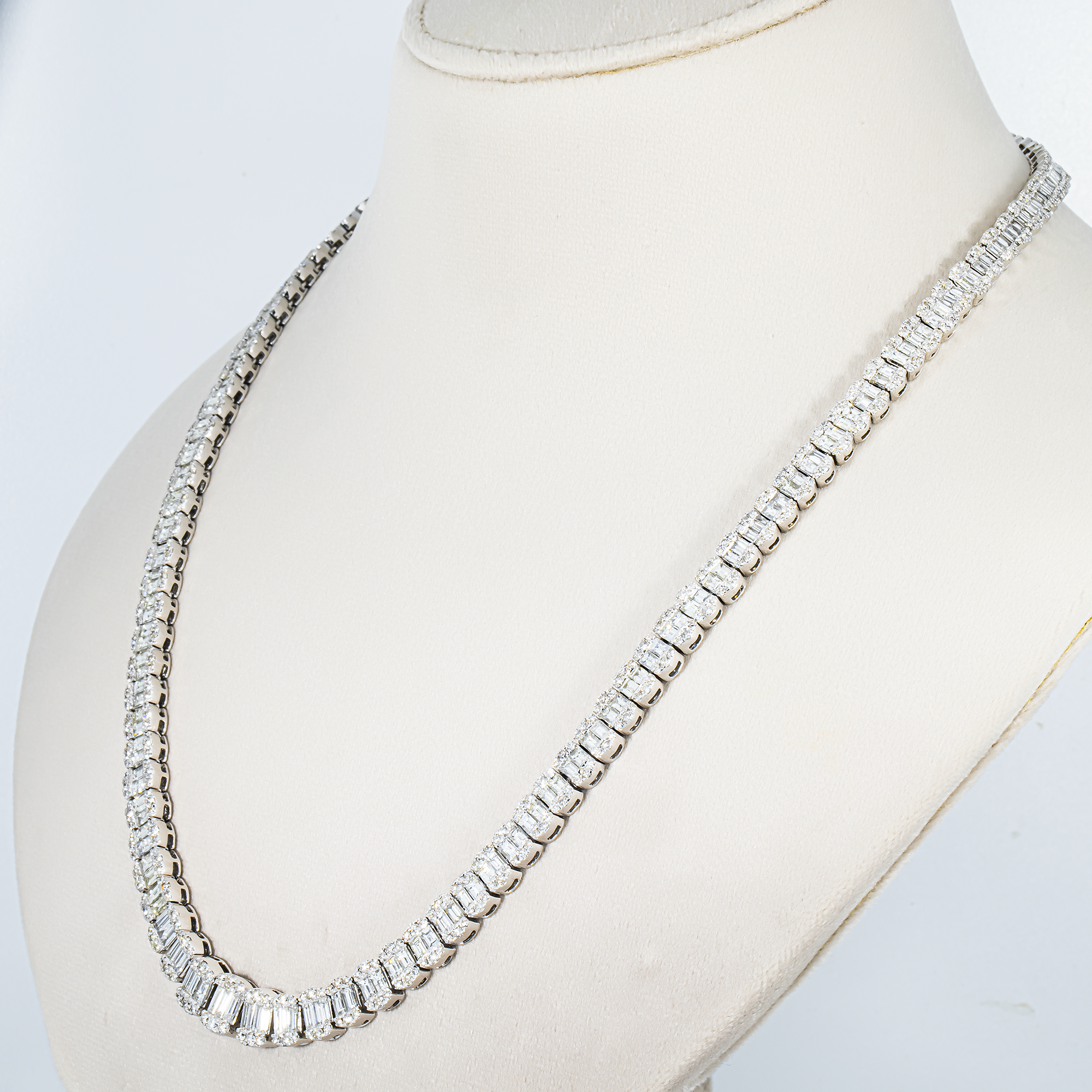 14K White Gold Graduated Round & Baguette Cut Diamond Tennis Chain 23.70ct