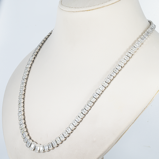 14K White Gold Graduated Round & Baguette Cut Diamond Tennis Chain 23.70ct