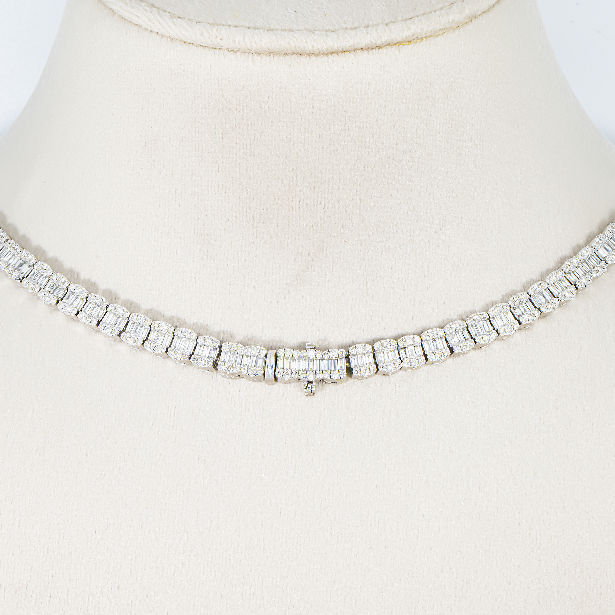 14K White Gold Graduated Round & Baguette Cut Diamond Tennis Chain 23.70ct