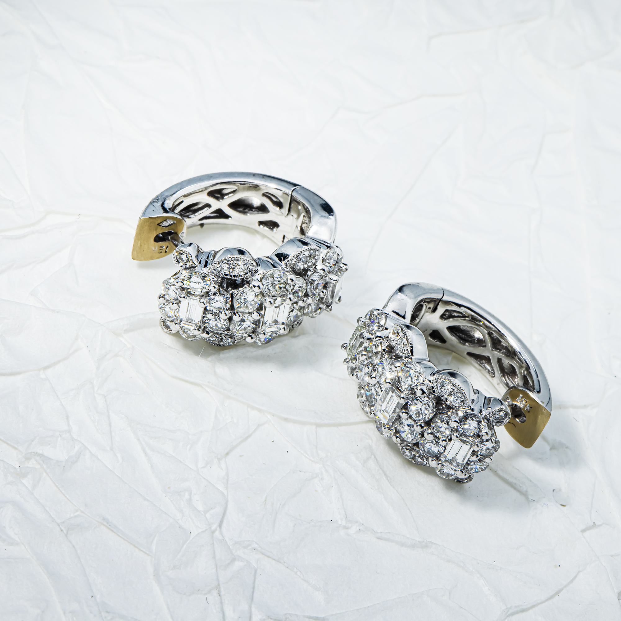 18K White Gold Round & Emerald Cut Diamond Hoop Earrings 1.90ctw