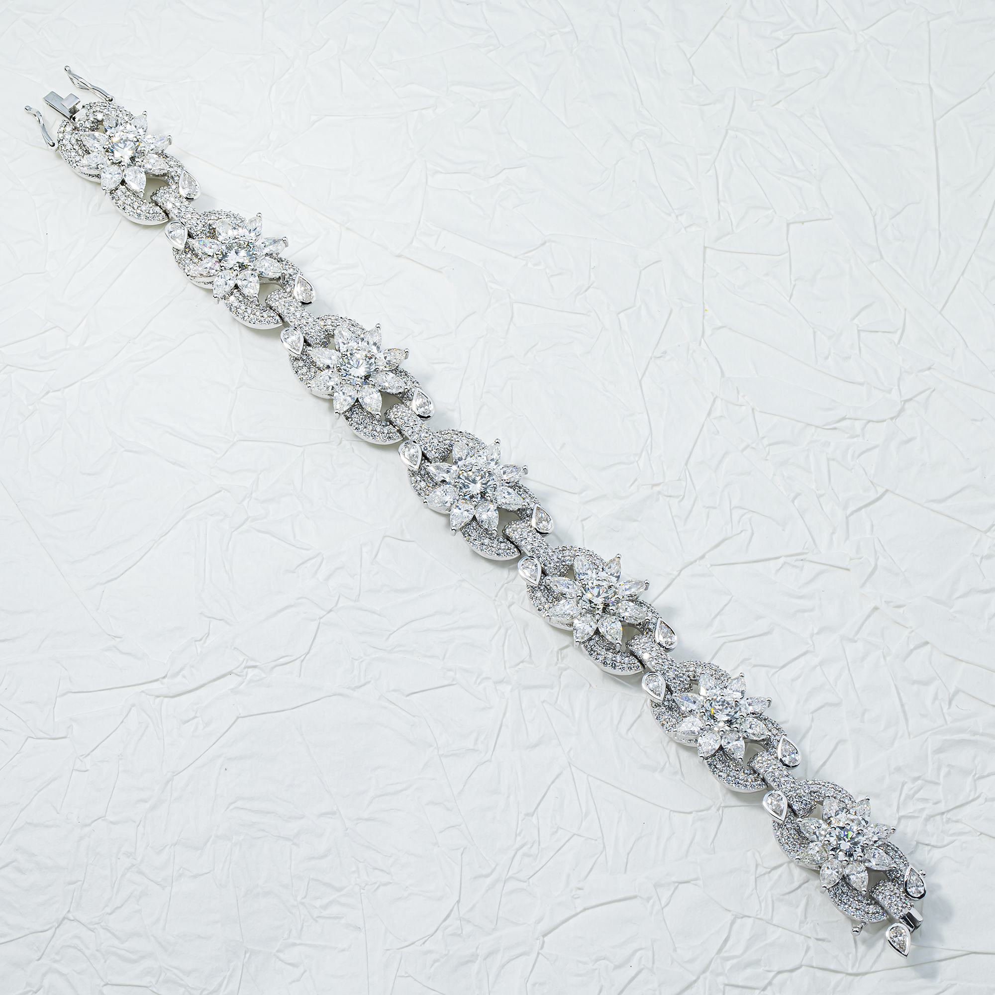 14K White Gold Round & Pear Cut Diamond Flower Bracelet 28.56ct