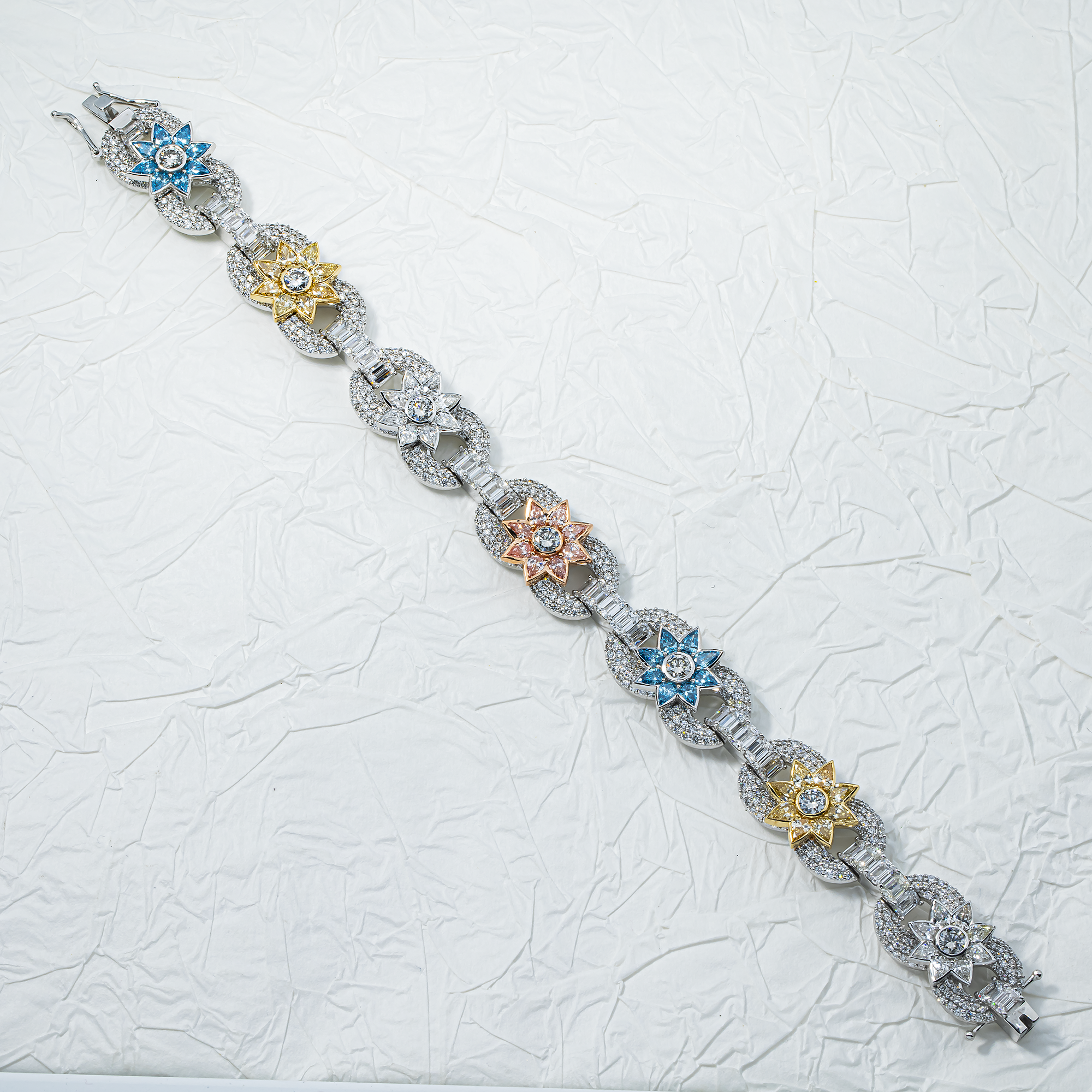 14K Two Tone Fancy Color Round & Pear Cut Diamond Flower Bracelet 20.37ct