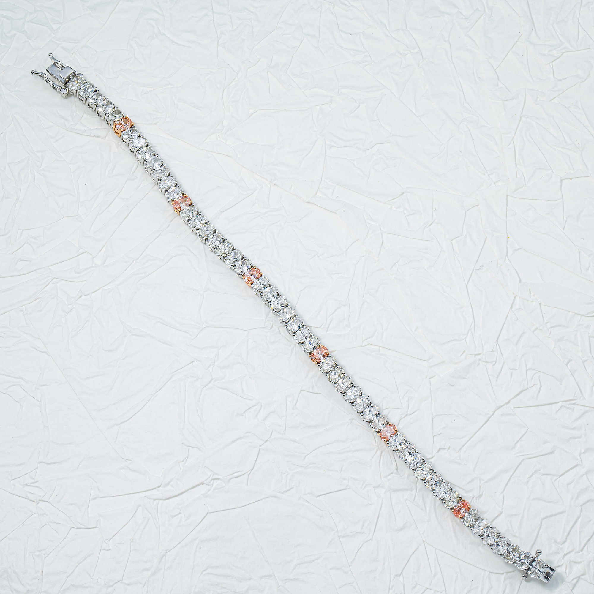 14K Two Tone Oval Cut Fancy Pink & White Diamond Tennis Bracelet 11.27ct
