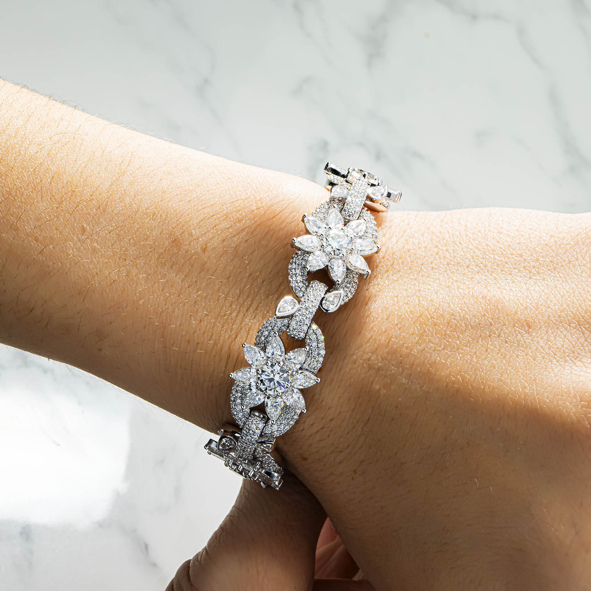 14K White Gold Round & Pear Cut Diamond Flower Bracelet 28.56ct