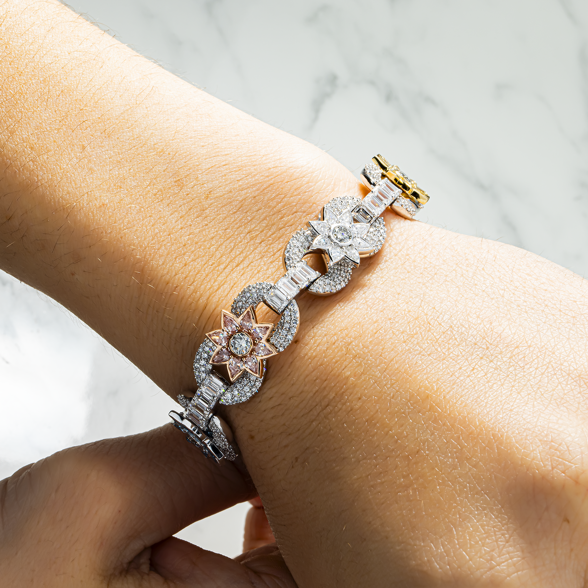 14K Two Tone Fancy Color Round & Pear Cut Diamond Flower Bracelet 20.37ct